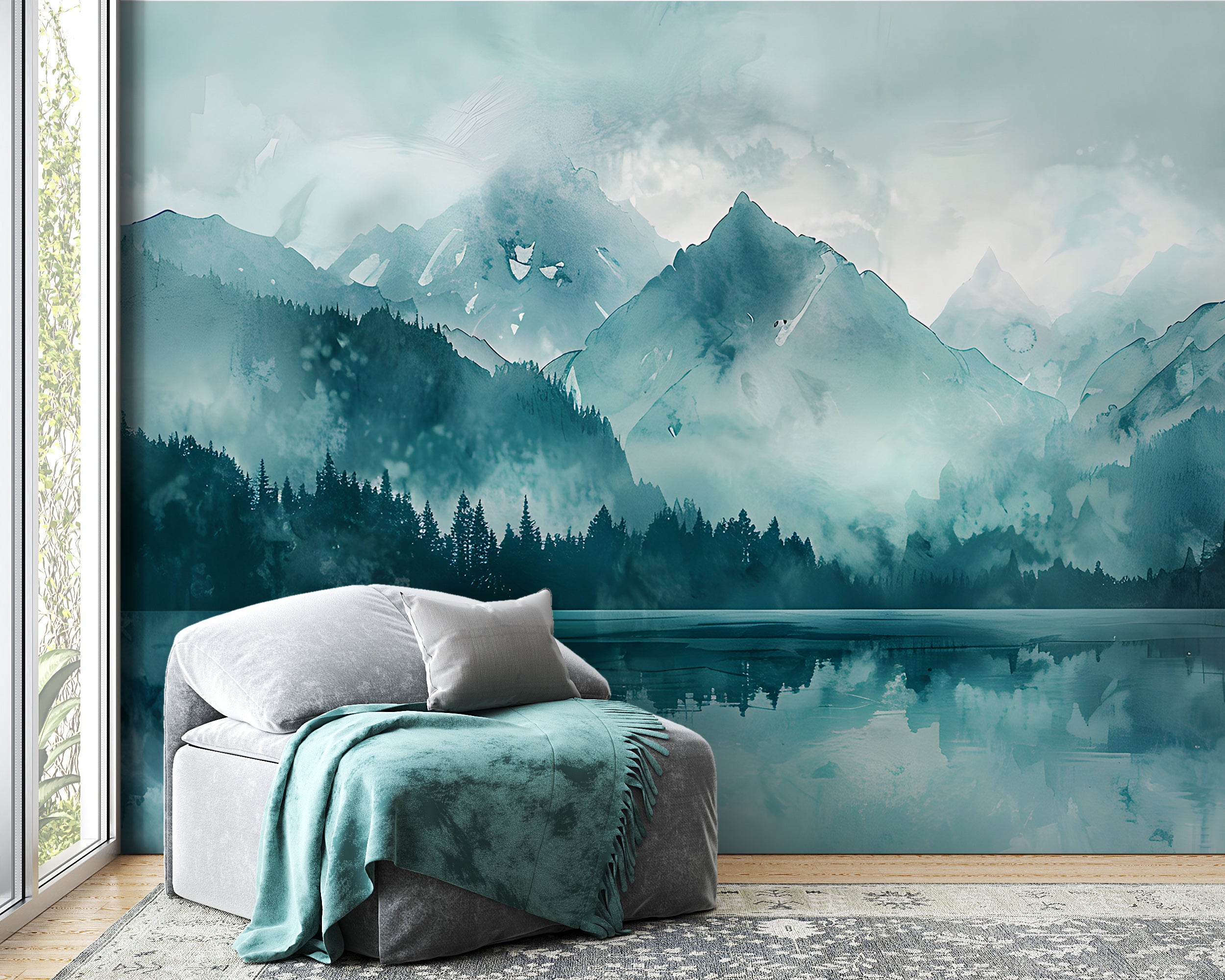 Mountain Lake in Mint Colors Mural, Watercolor Forest and Mountains Wallpaper, Peel and Stick Green Lake Landscape Art, Abstract Nature Decor