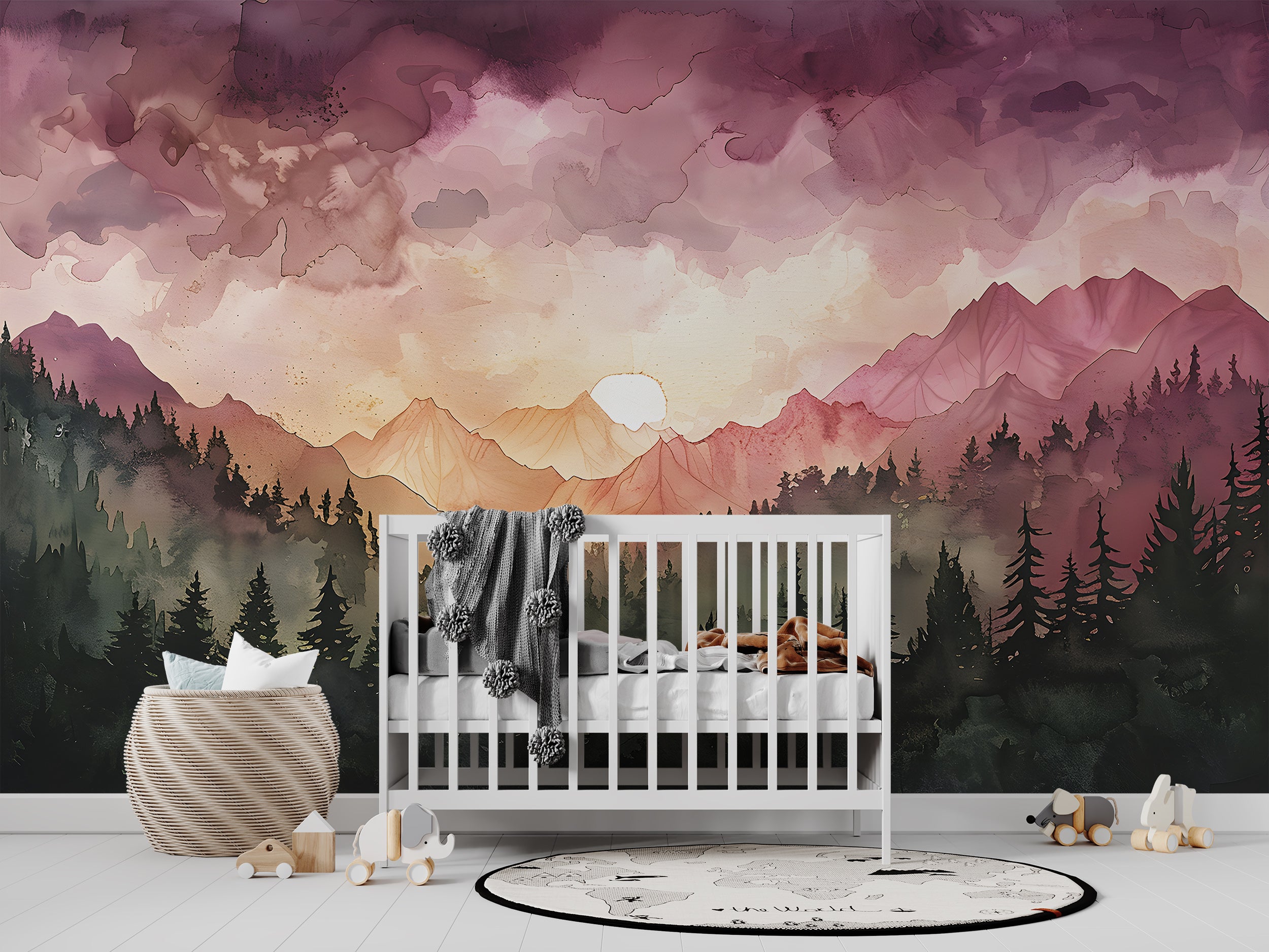 Pink and Orange Mountain Sunset Mural, Watercolor Mountains and Forest Landscape Wallpaper, Colorful Nursery Nature Wall Art