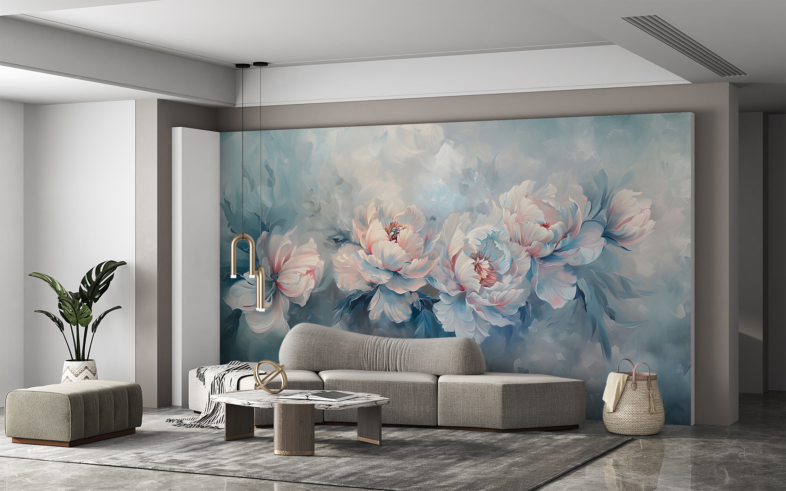 Abstract Floral Blue Mural, Watercolor Peonies Wallpaper, Peel and Stick Botanical Art, Blue Peony Abstract Wall Decal, Removable Flowers PVC free
