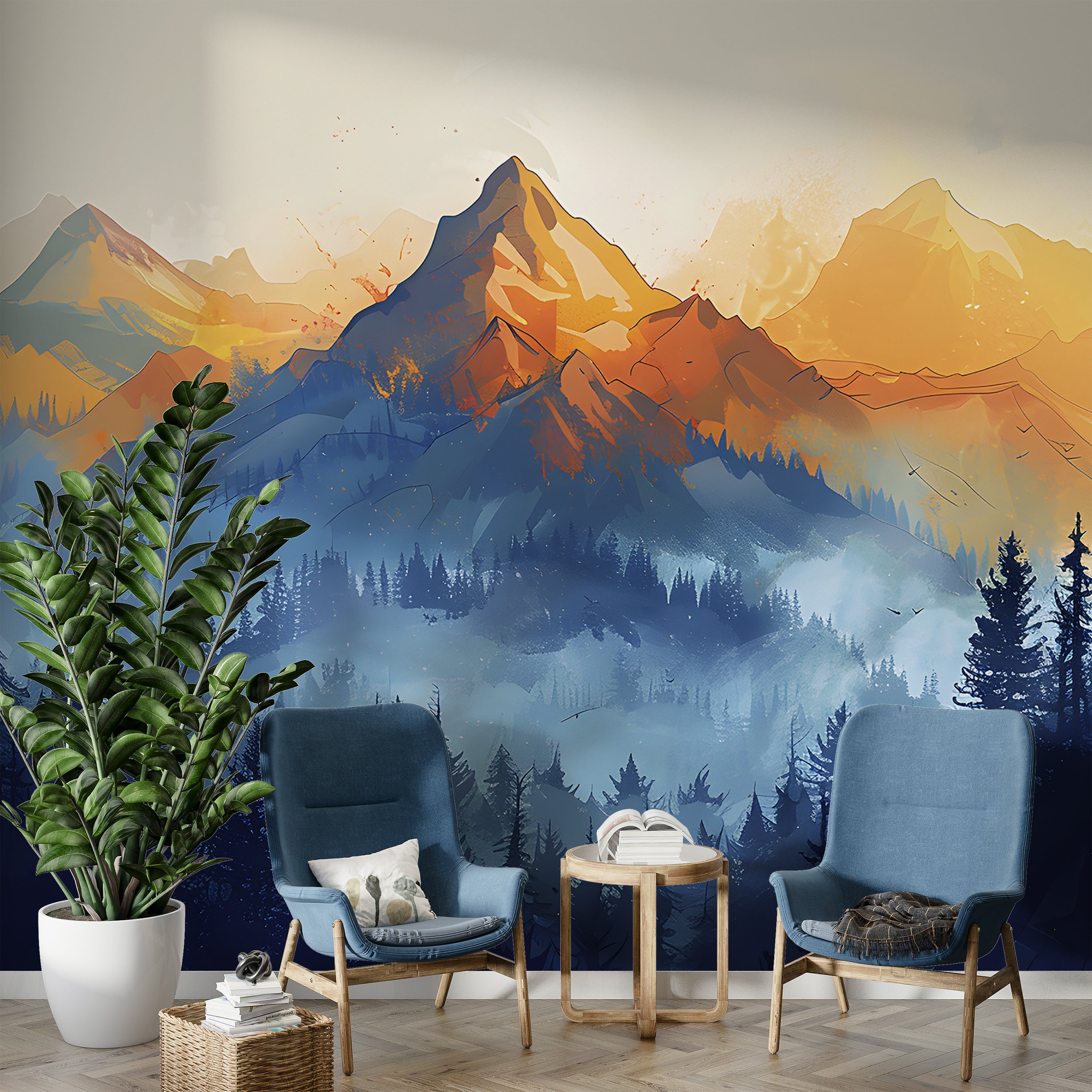 Orange and Blue Watercolor Mural, Peel and Stick Mountain View Wallpaper, Removable Mountains and Forest Landscape, Mountain Sunset Art