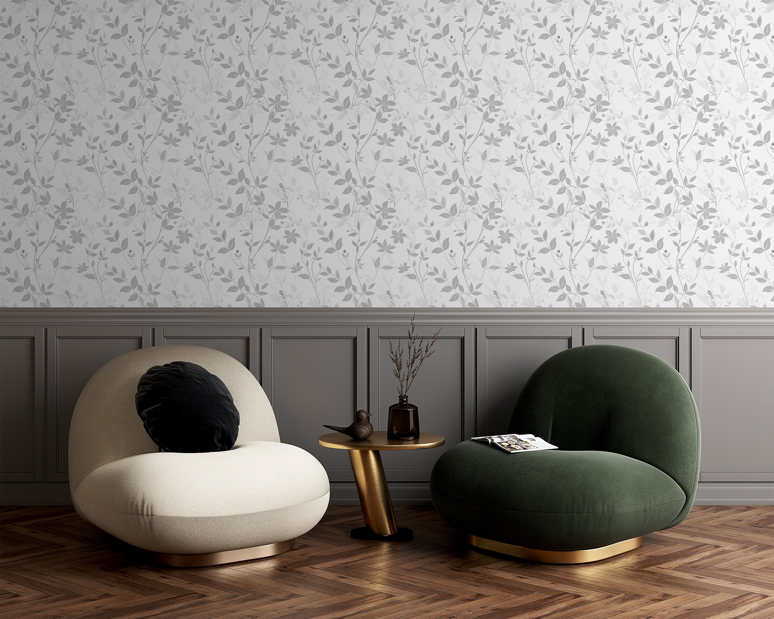 Grey and White Floral Wallpaper, Removable Light Botanical Leaves, Peel and Stick Delicate Tree Flowers Decal, Soft Shades of Grey Floral Pattern