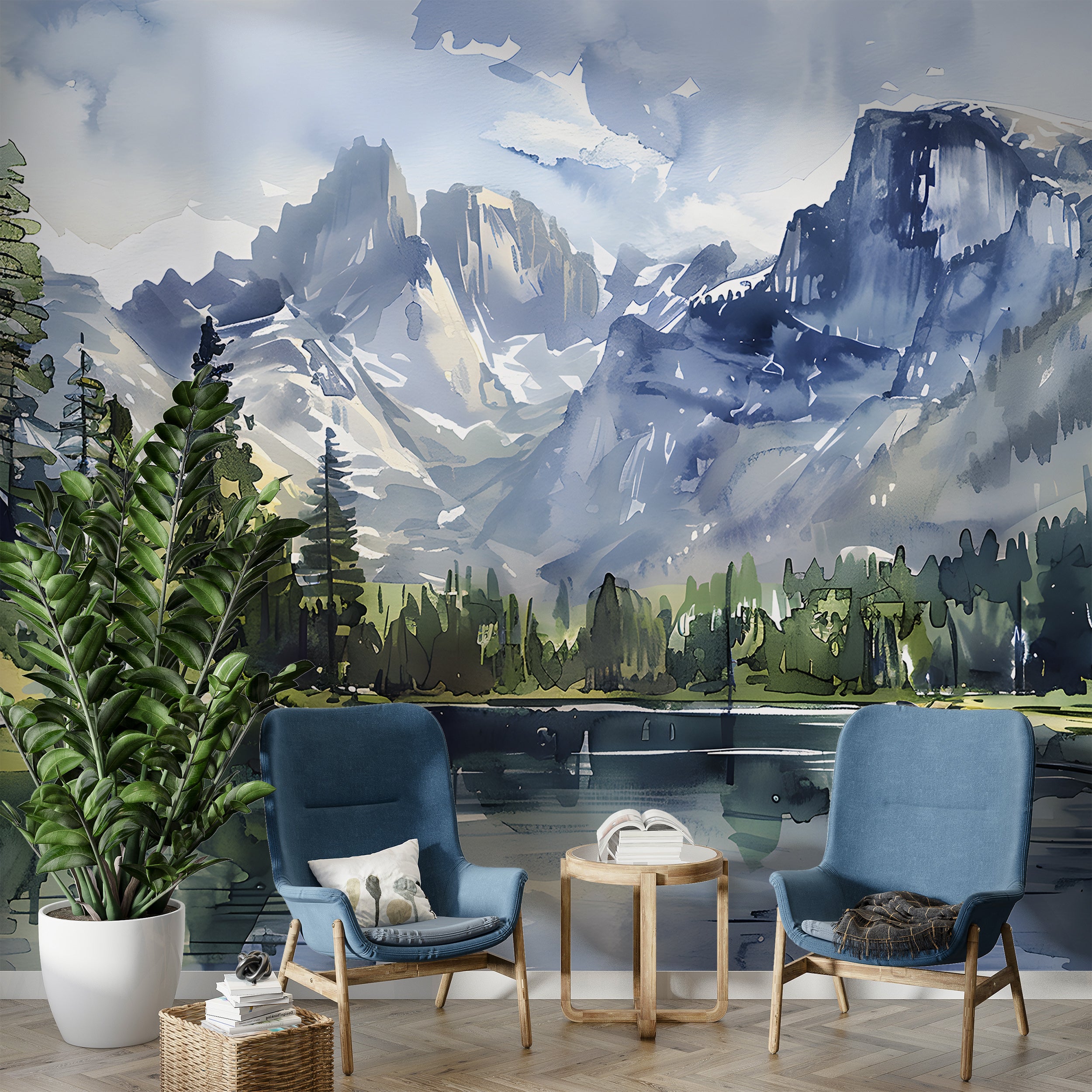 Watercolor Mountain Lake Mural, National park Landscape, Peel and Stick Mountains and Forest Wallpaper, Wild Nature Wall Art