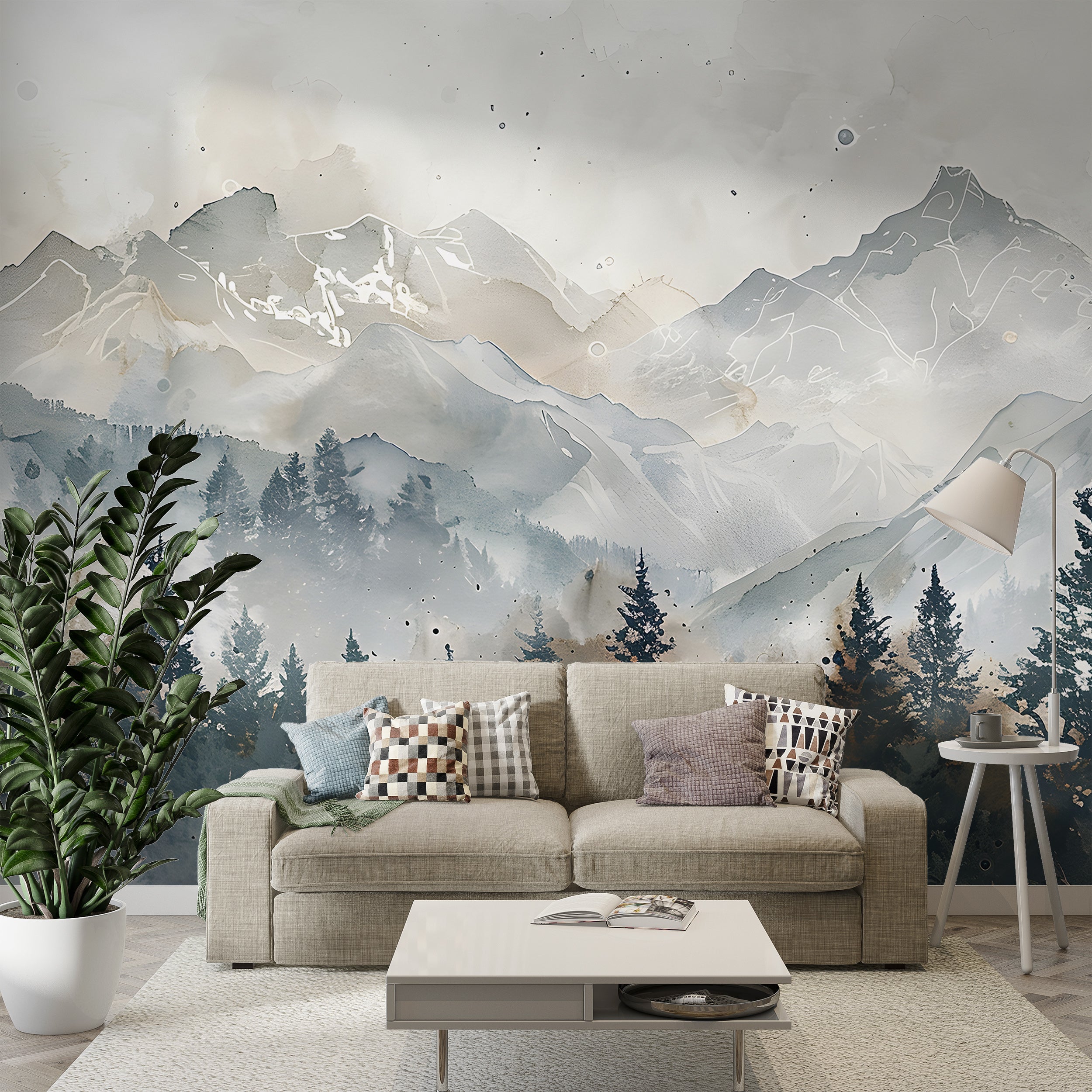 Forest and Mountains in Watercolor Style Mural, Grey Cloudy Mountain Landscape, Peel and Stick Pine Forest Natural Colors Wall Decor, Removable Wall Art