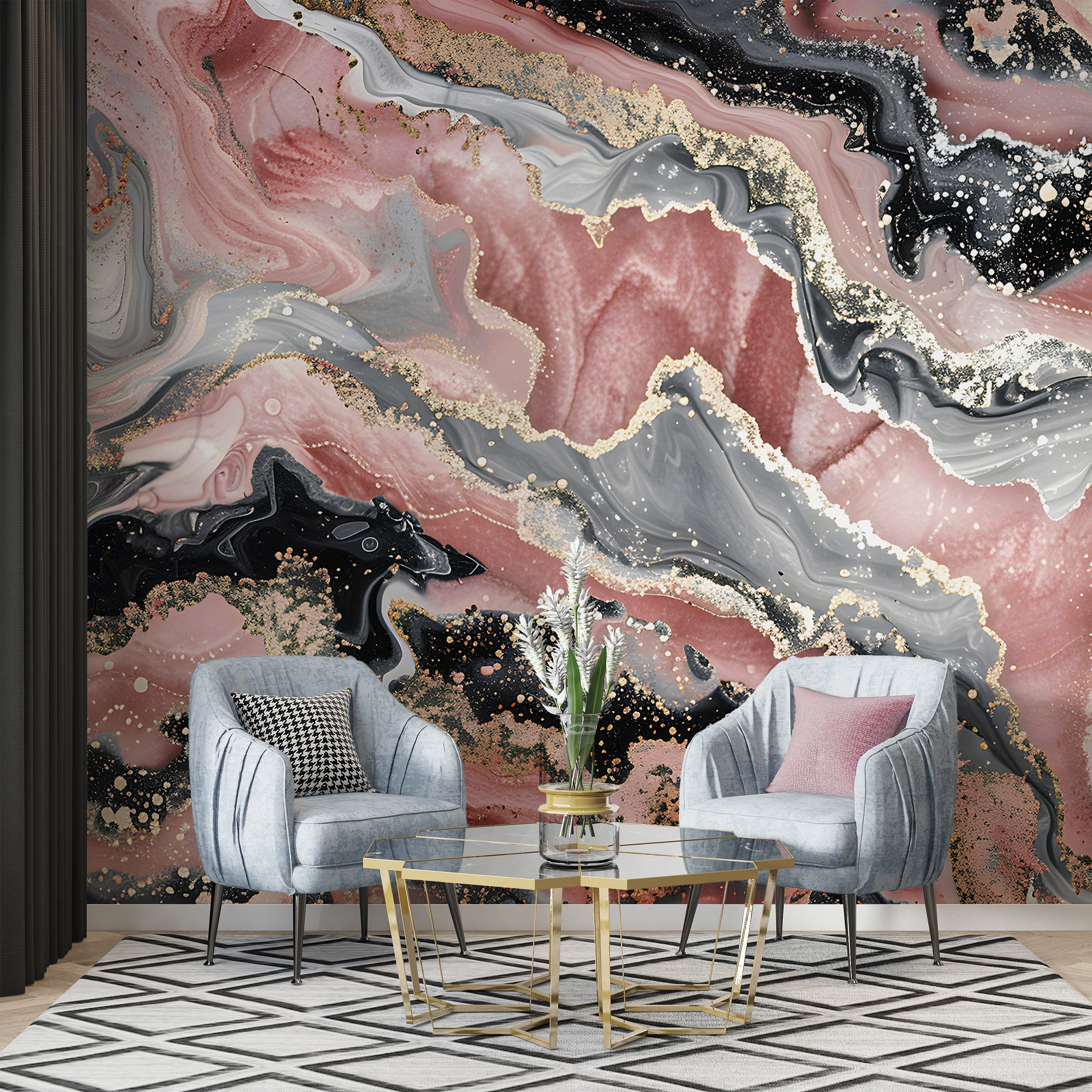 Pink Black Grey and Gold Alcohol Ink Mural, Peel and Stick Marble Texture Wallpaper, Removable Modern Wall Art, Abstract Unique Decor