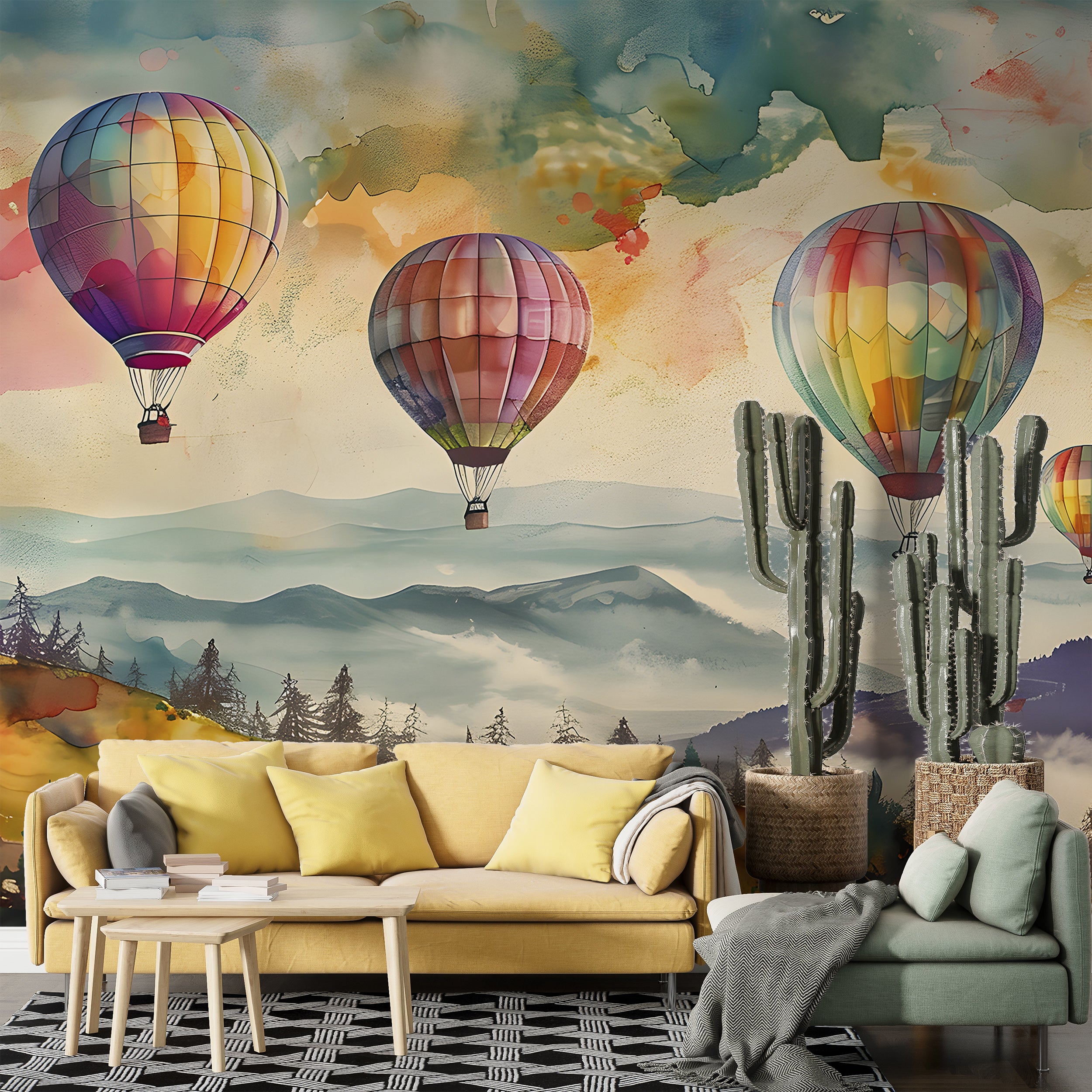 Colorful Hot Air Balloons Mural, Peel and Stick Watercolor Landscape, Nursery Multicolor Wall Decal, Mountains and Forest Kids Room PVC Free