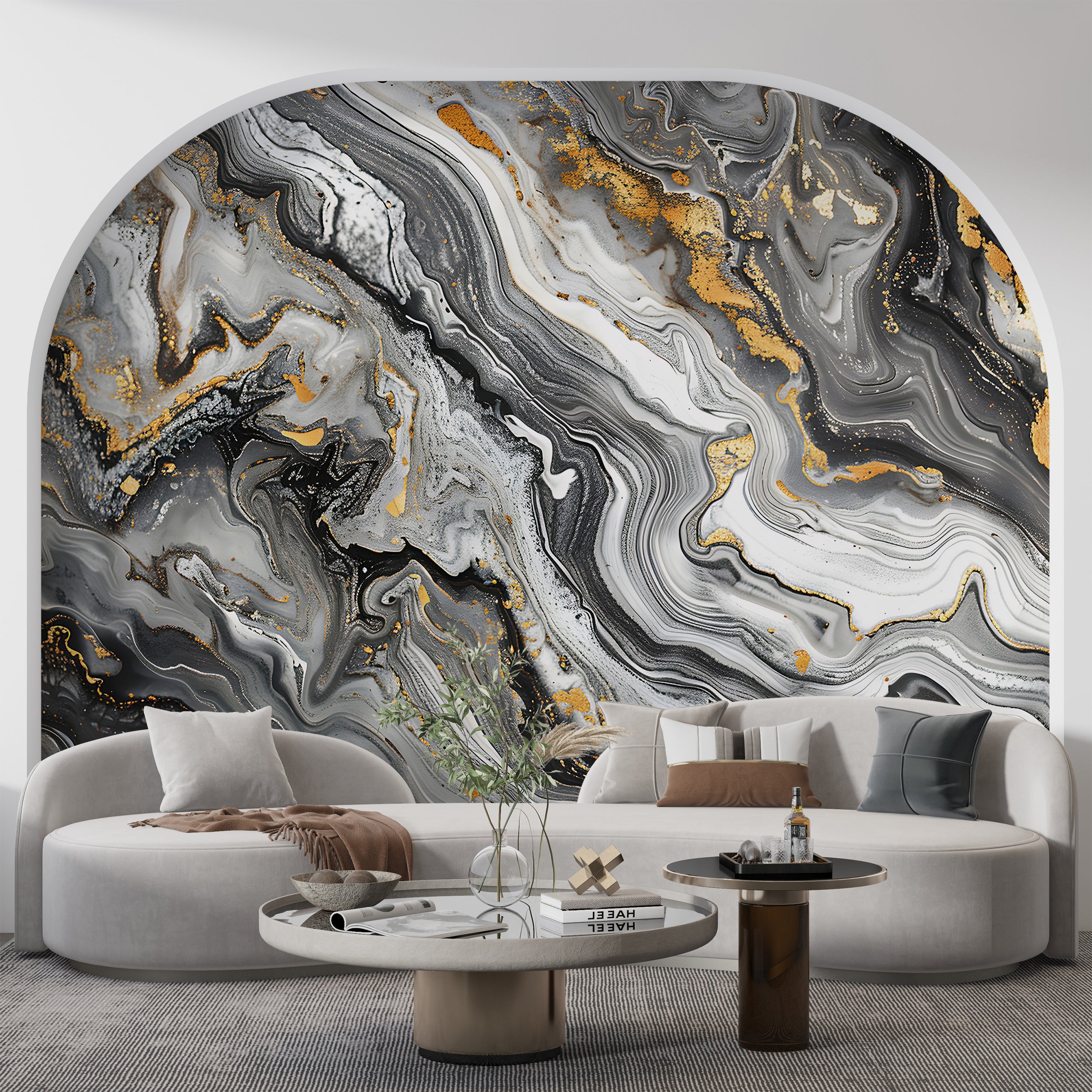 Black Grey and Gold Alcohol Ink Mural, Peel and Stick Dark Marble Wallpaper, Removable PVC-free Abstract Decor, Unique Custom Size Art