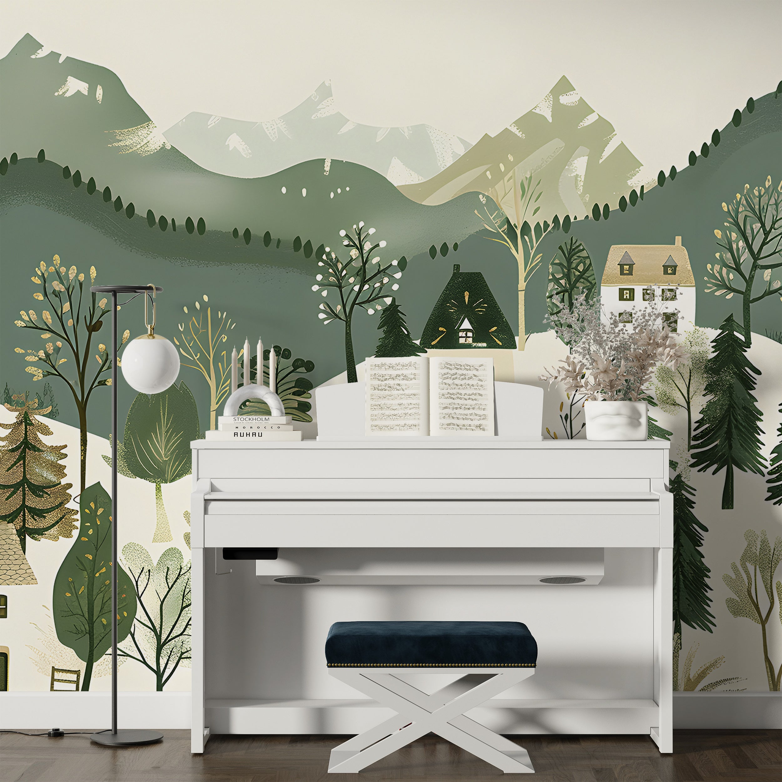 Green and Beige Forest Village Mural, Peel and Stick Mountains Trees and Houses Wallpaper, Removable Horizontal Seamless Pattern Wall Decor