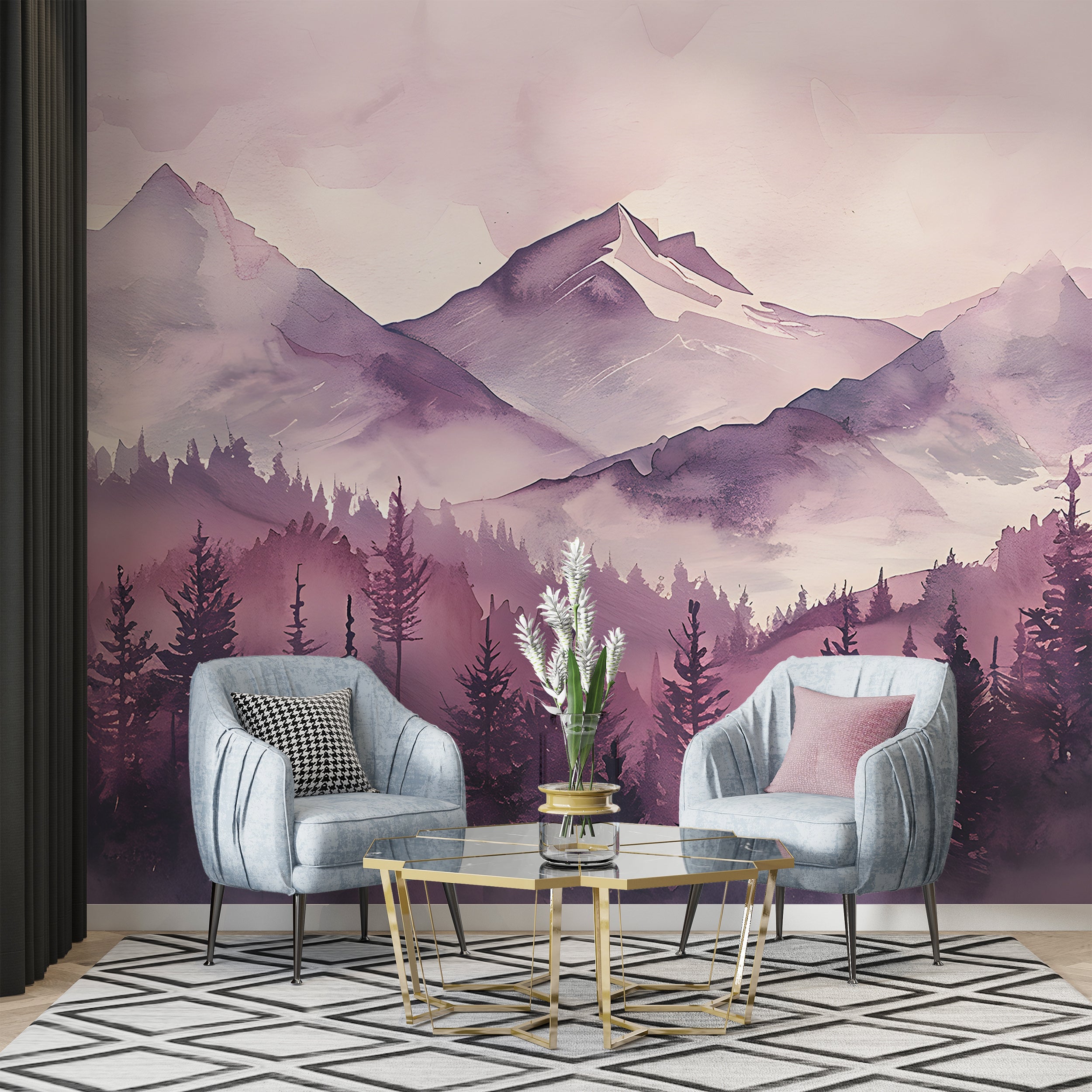 Soft Pink Mountains and Forest Mural, Peel and Stick Watercolor Mountains Landscape Wallpaper, Nursery Removable Custom Size Decor