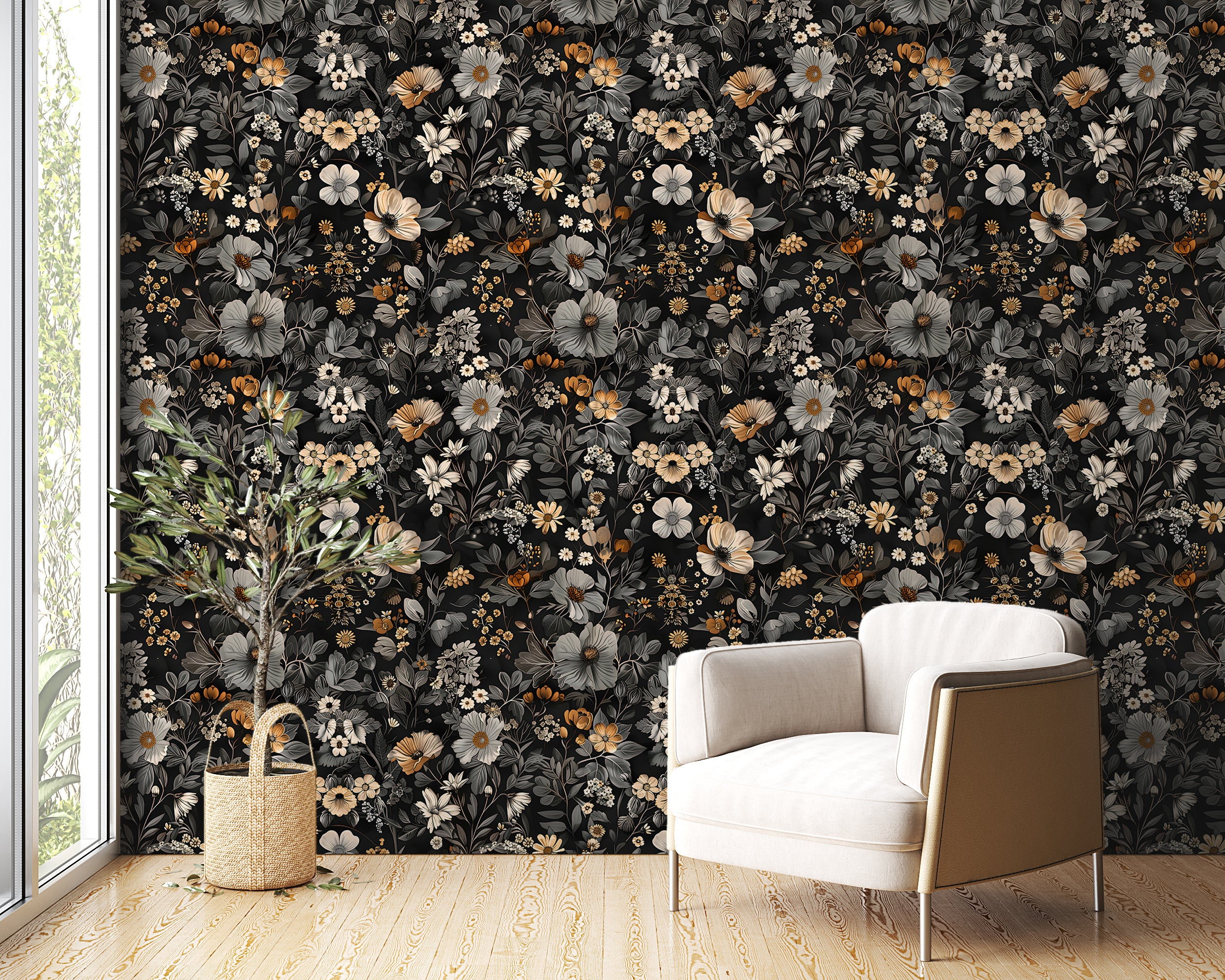Grey and Beige Floral Wallpaper, Removable Dark Botanical Wall Decal, Peel and Stick Dark Flowers Vintage Wallpaper, Meadow Flower PVC free