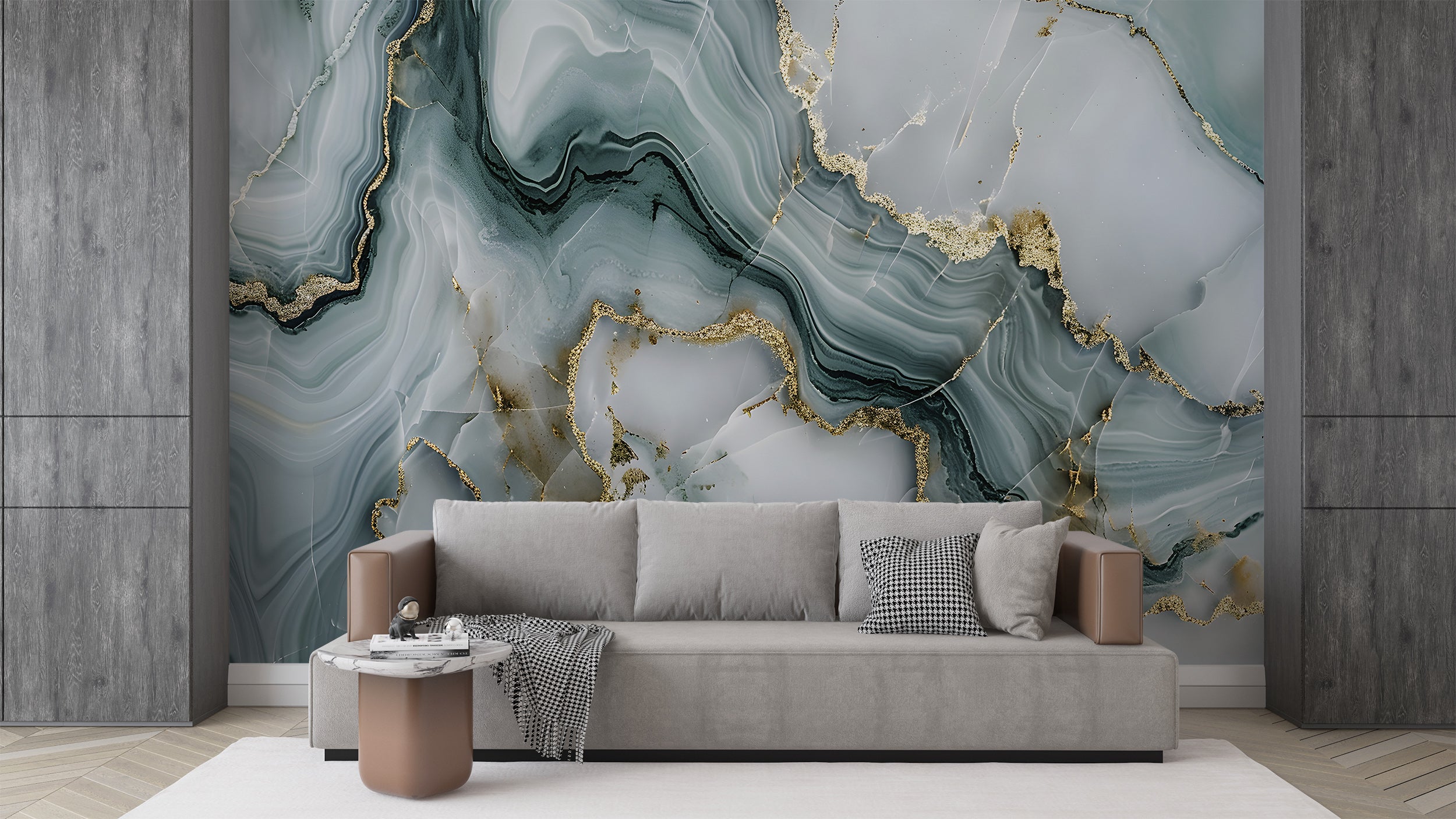 Mint Grey and Gold Alcohol Ink Mural, Peel and Stick Marble Texture Wallpaper, Abstract Green and Grey Stone Wall Decor, Removable Unique Art