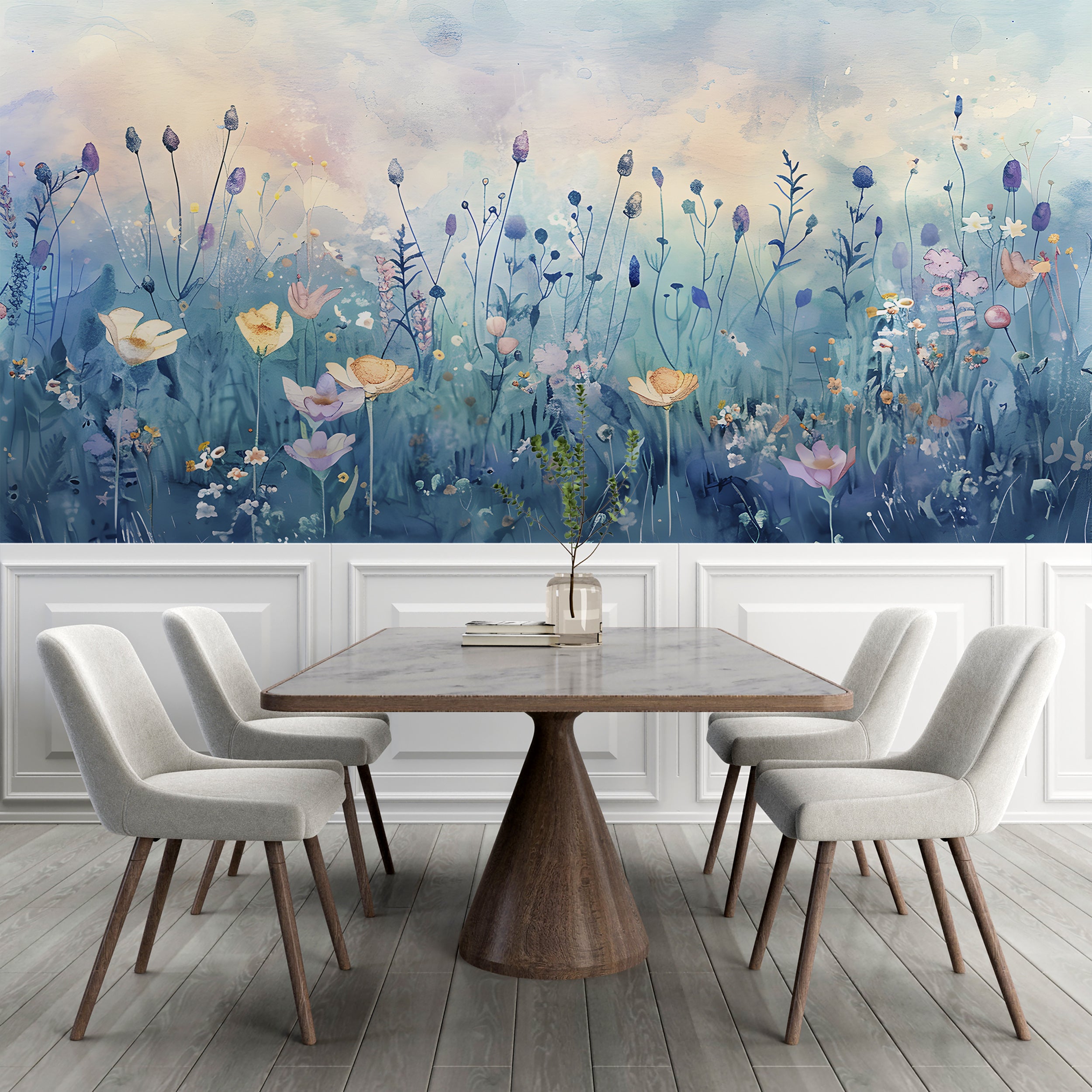 Blue Meadow Flowers Mural, Watercolor Flower Field Wallpaper, Pastel Colors Peel and Stick Floral Wall Mural, Removable Botanical Art, PVC-free