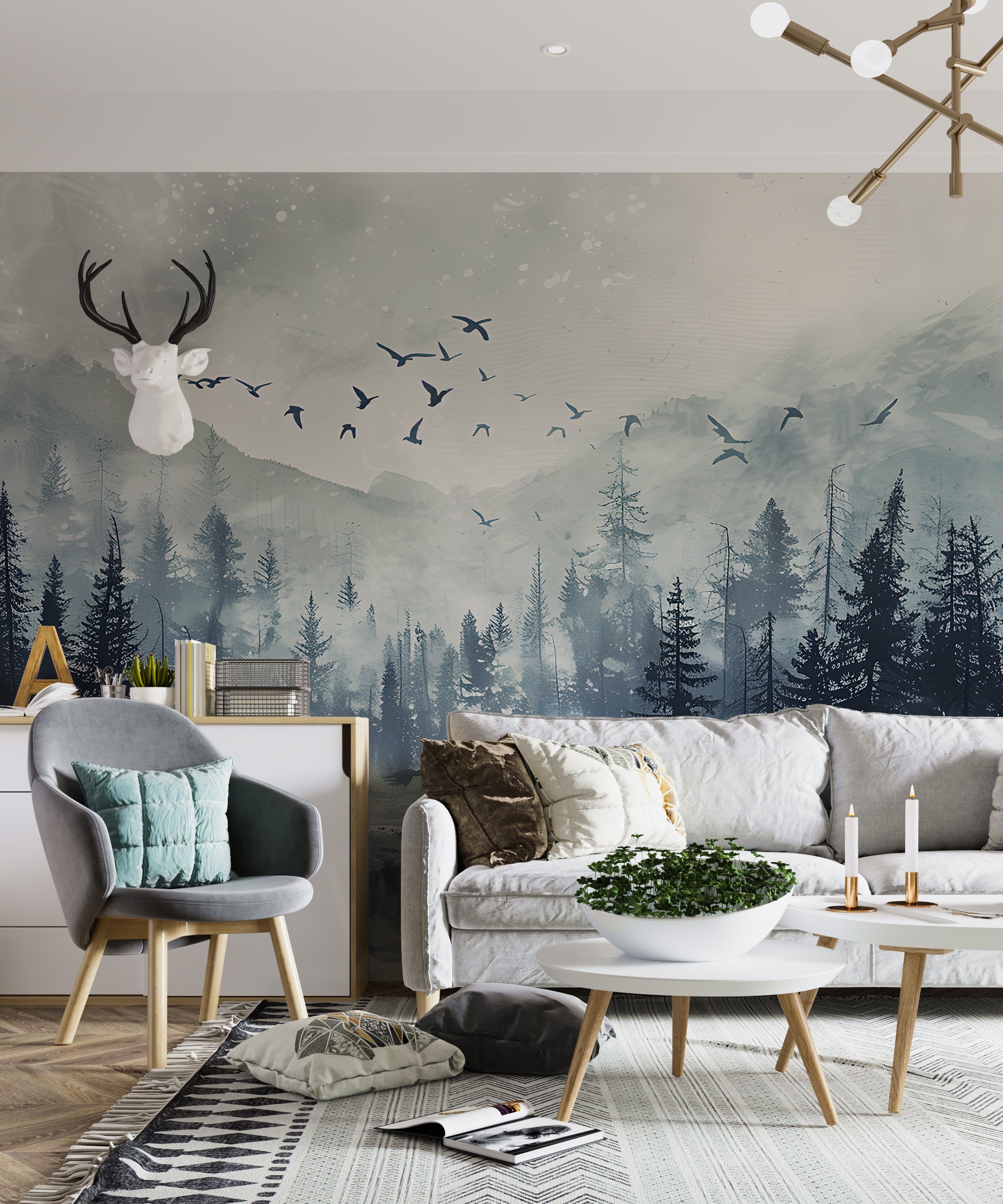 Dark Forest Wall Mural, Peel and Stick Black and Grey Pine Trees Mountain and Birds, Watercolor Foggy Nature Decor, Misty Forest Wallpaper