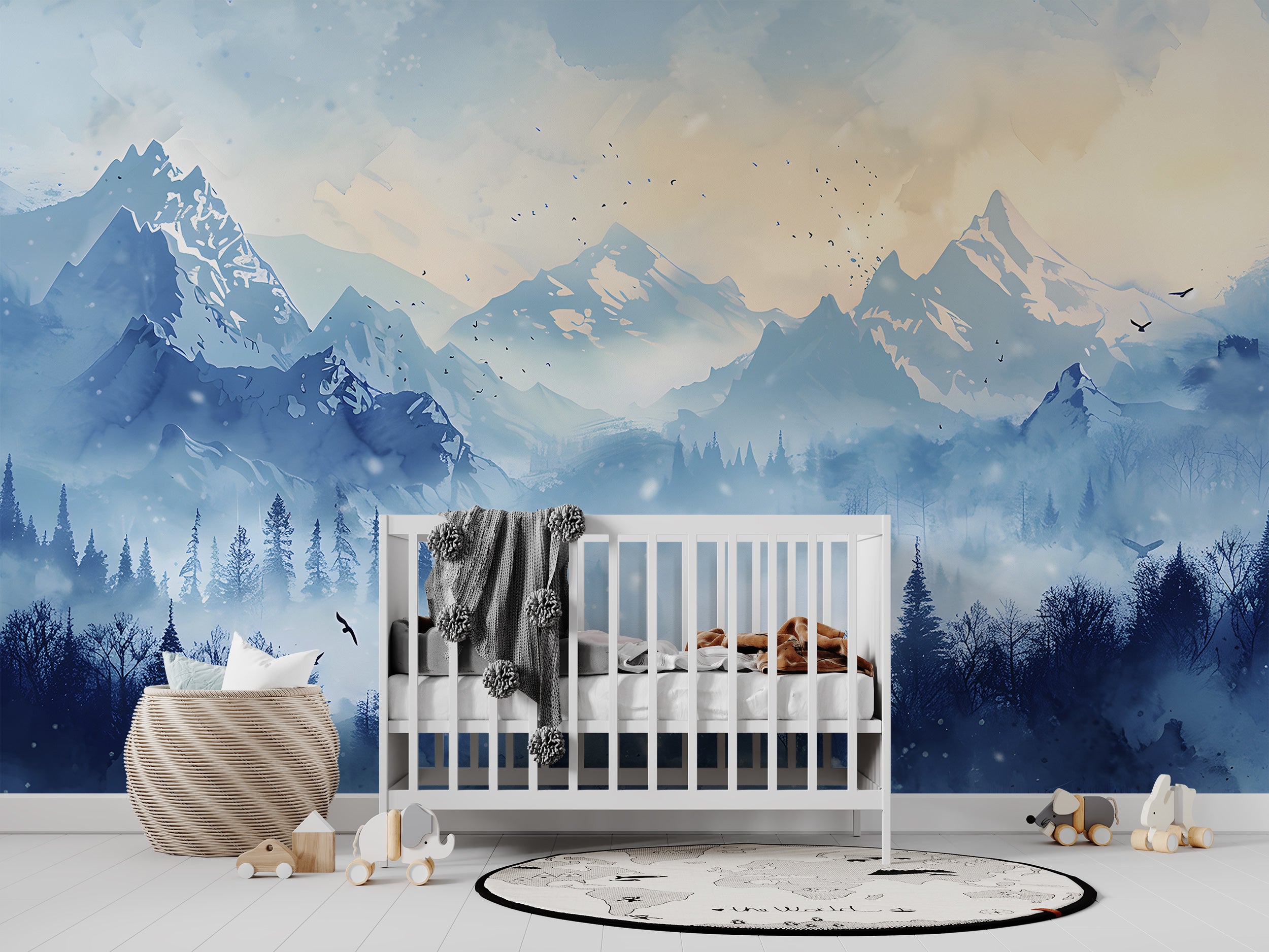 Winter Mountains Mural, Watercolor Blue Mountain and Forest Landscape, Peel and Stick Foggy Nature Wallpaper, Nursery Removable Misty Decal