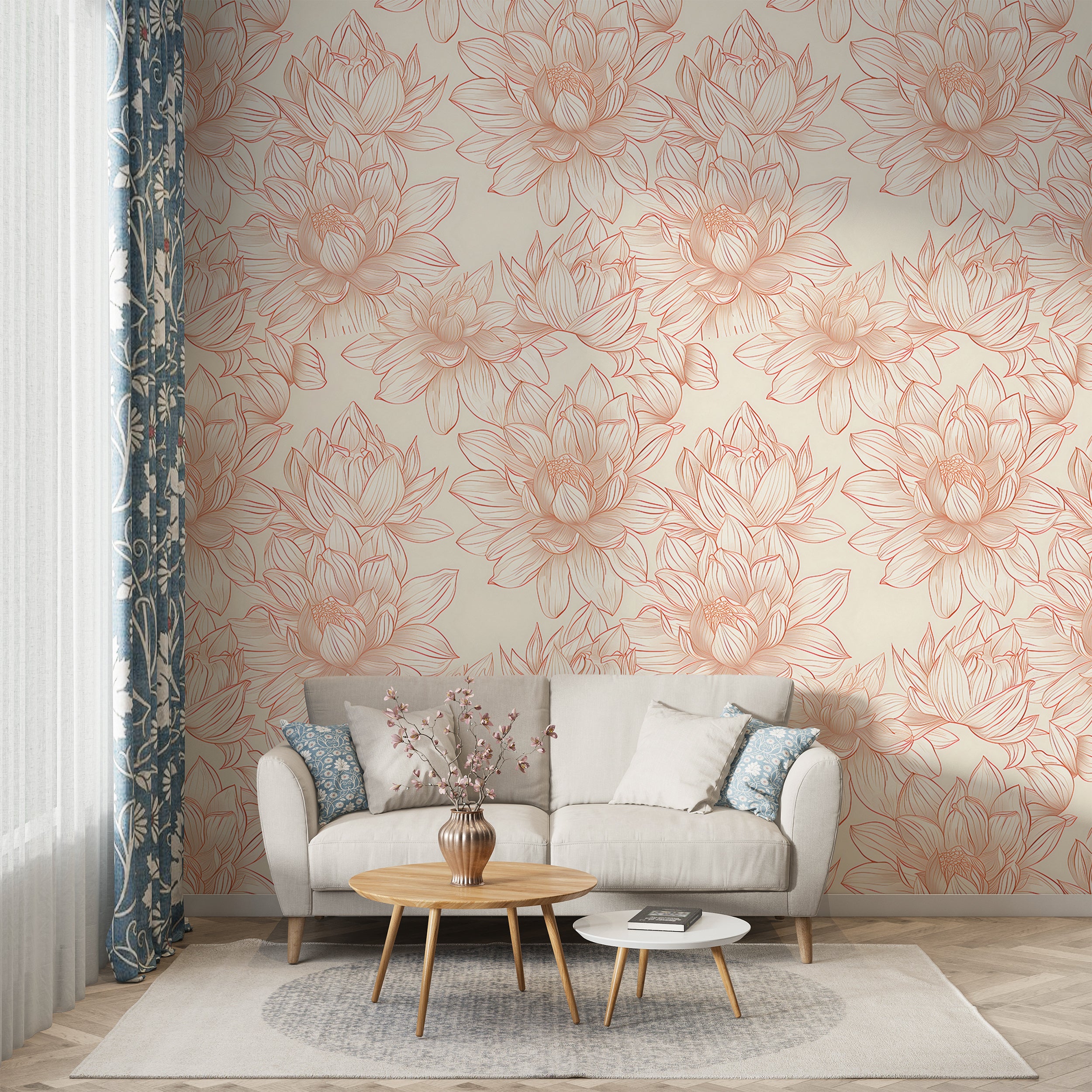 Lotus Flowers Wallpaper, Peel and Stick Pastel Colors Floral Wallpaper, Dusty Rose and Beige Botanical Wall Decor, Removable Flower Pattern Decal