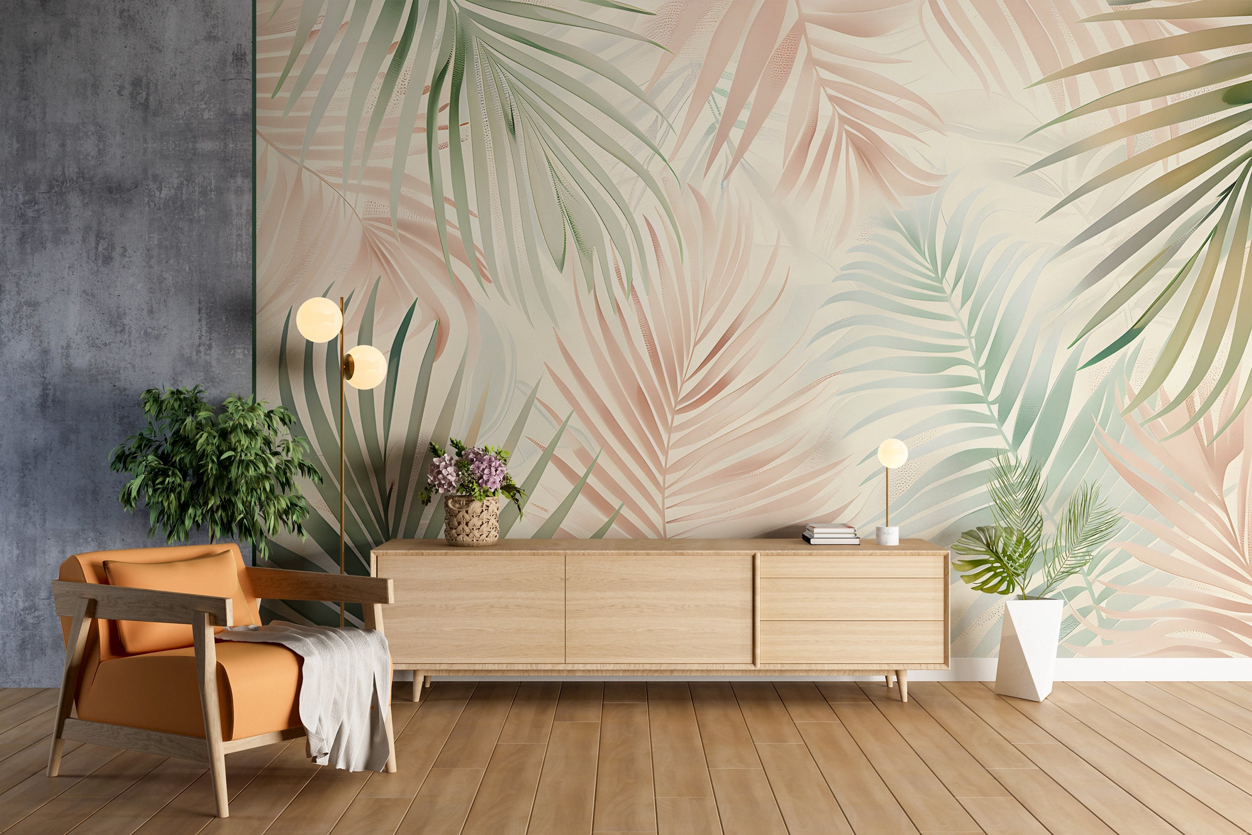 Colorful Palm Leaf Mural, Pastel Colors Tropical Wallpaper, Peel and Stick Nursery Botanical Wall Decal, Custom Size Removable Wall Decor