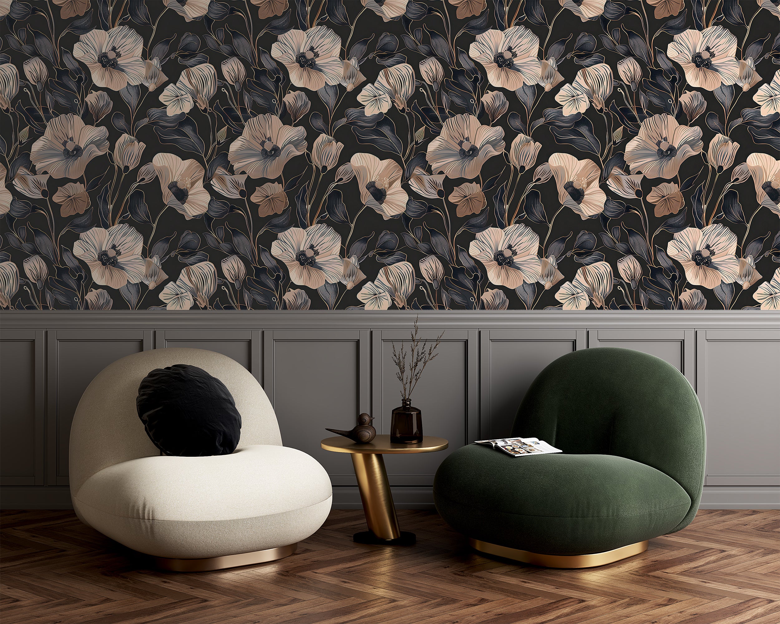 Dusty Rose and Dark Grey Floral Wallpaper, Peel and Stick Poppy Flowers Wall Decal, Removable Dark Botanical Decor, Pink & Black Flowers