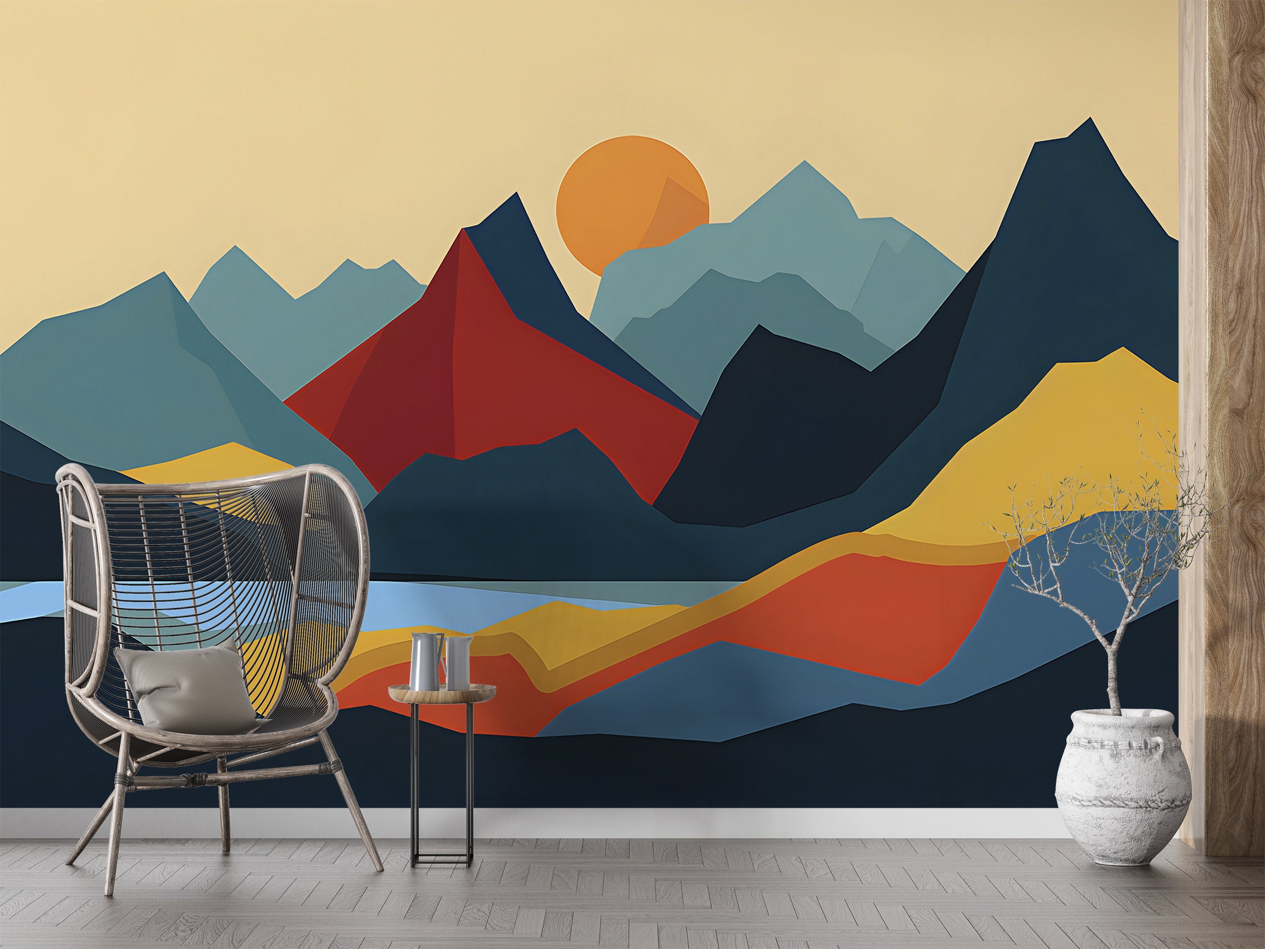 Colorful Cartoon Style Mountains Mural, Simple and Minimalistic Landscape Wallpaper, Peel and Stick Nursery Kids Room Abstract Nature Art Decal