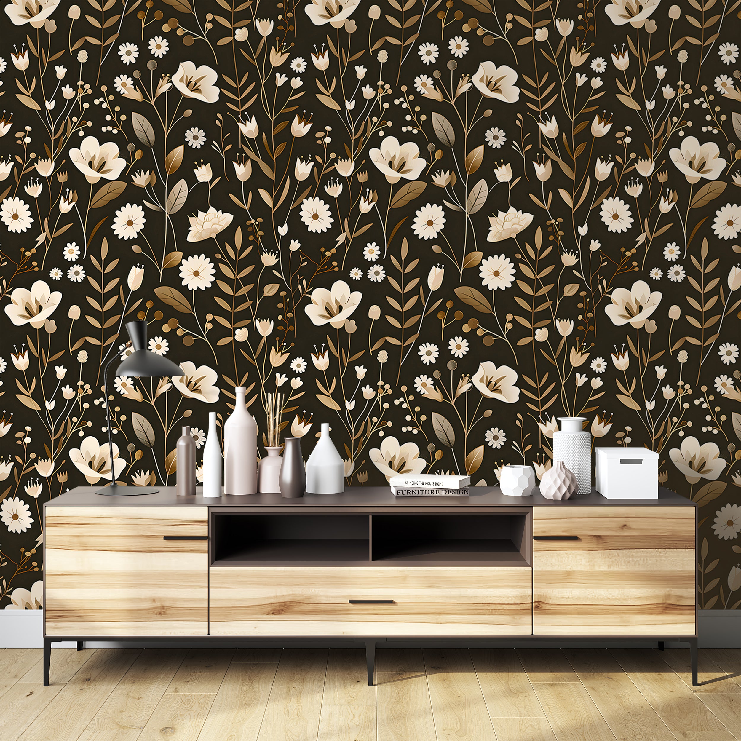 Dark Meadow Floral Wallpaper, White and Brown Botanical Decal, Wild Flowers Wallpaper, Peel and Stick Removable Vintage Flower Decal