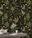 Dark Fern Botanical Pattern Wallpaper, Floral Leaves from Wild Forest Decal, Peel and Stick Removable Greenery Decor, PVC-free Black and Green