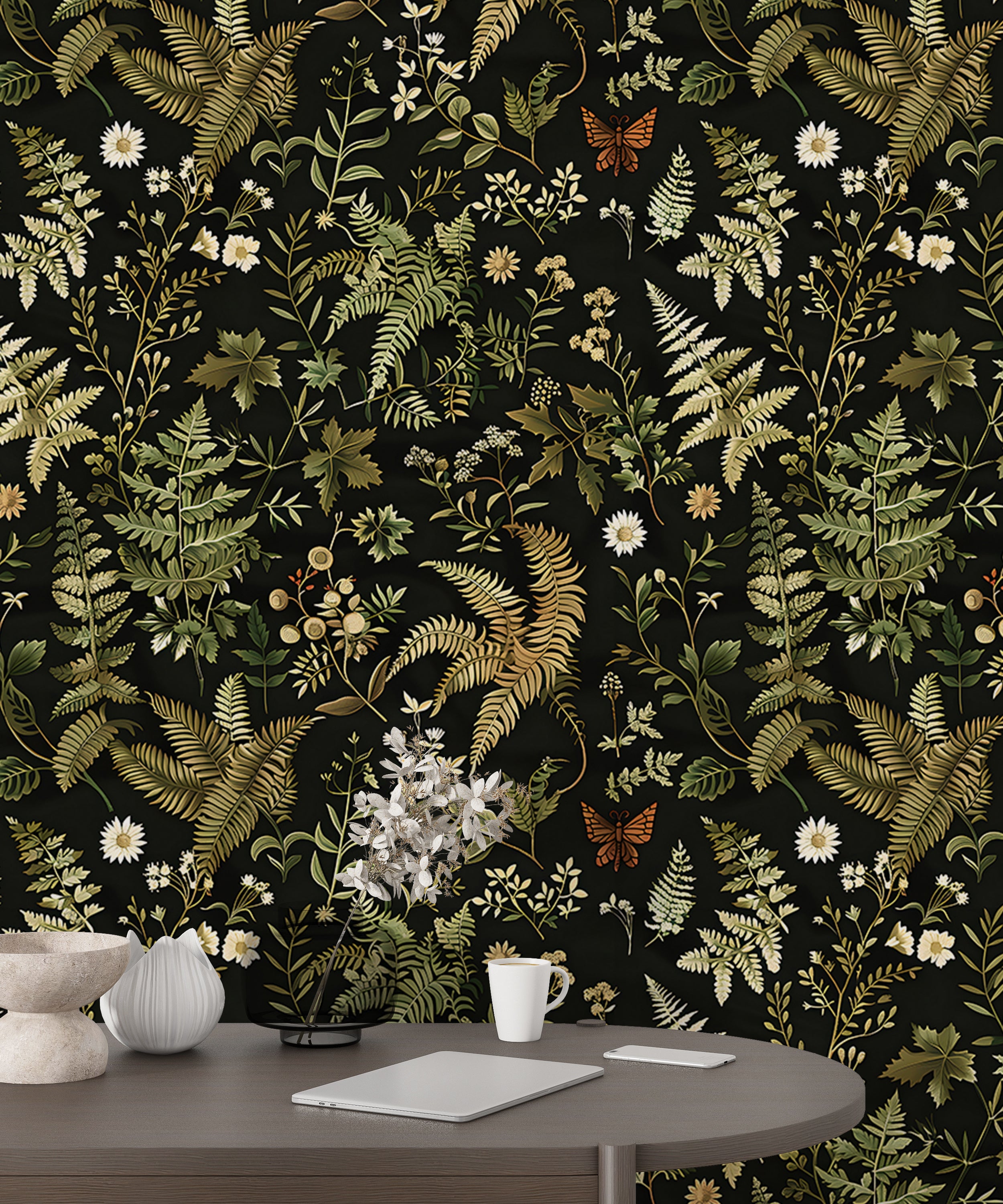 Dark Fern Botanical Pattern Wallpaper, Floral Leaves from Wild Forest Decal, Peel and Stick Removable Greenery Decor, PVC-free Black and Green