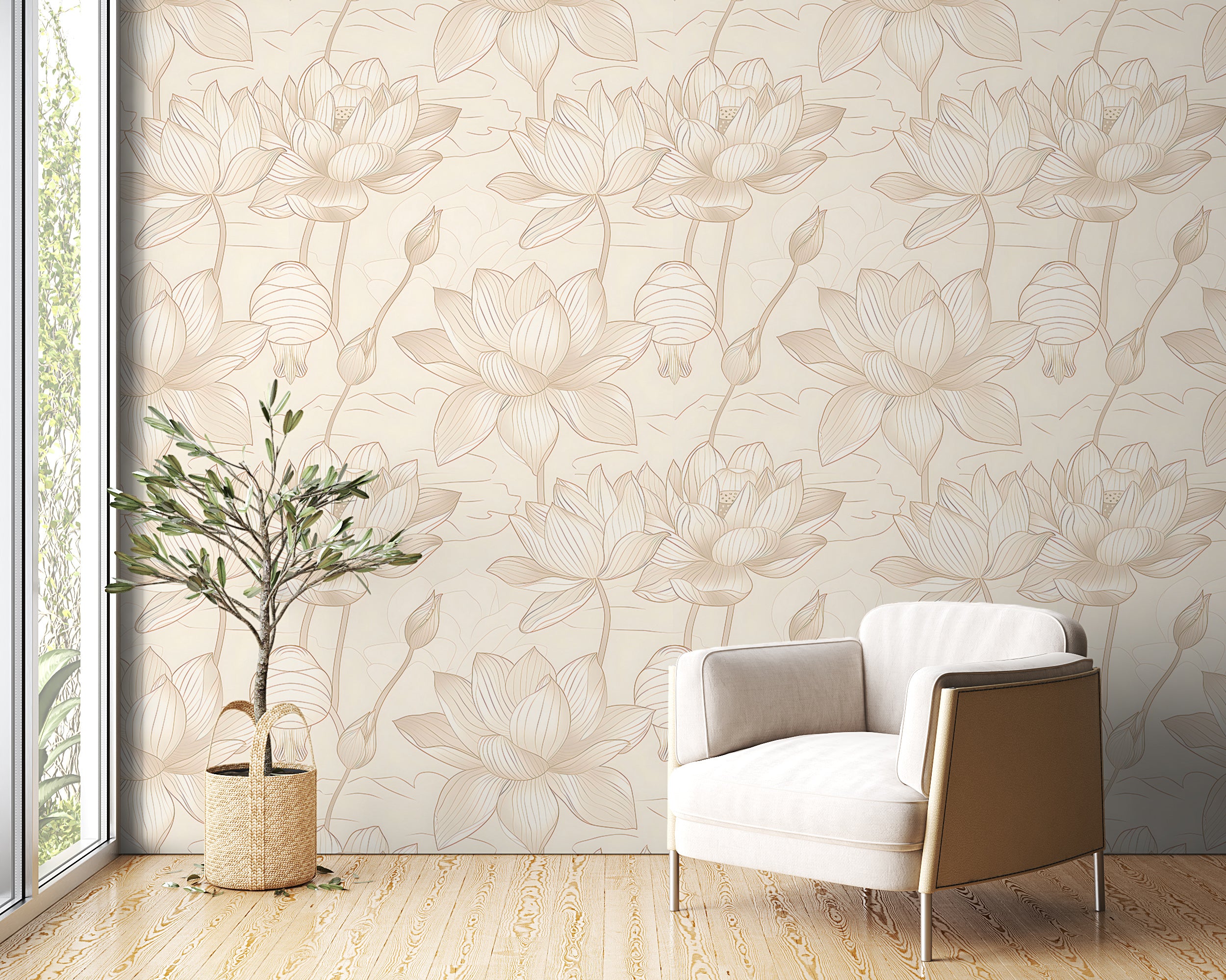 Beige Minimalistic Lotus Wallpaper, Peel and Stick Floral Wall Decal, Light Beige Lotus Pattern Wallpaper, Removable Botanical PVC-free Decor