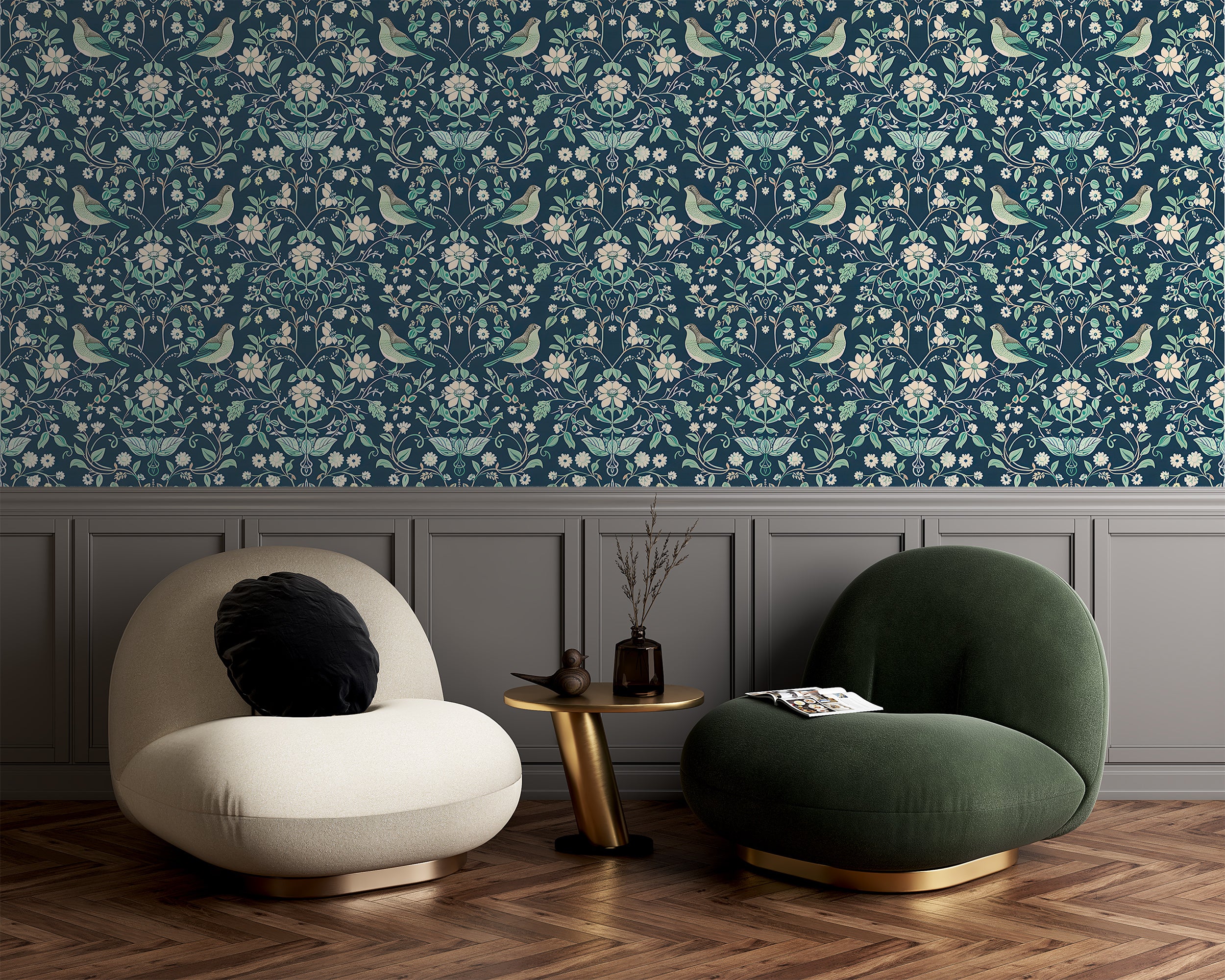 Mint and Navy Blue Chinoiserie Wallpaper, Peel and Stick Floral Wall Decal, Birds Flowers and Leaves Pattern Removable Wallpaper, Vintage Wall Art
