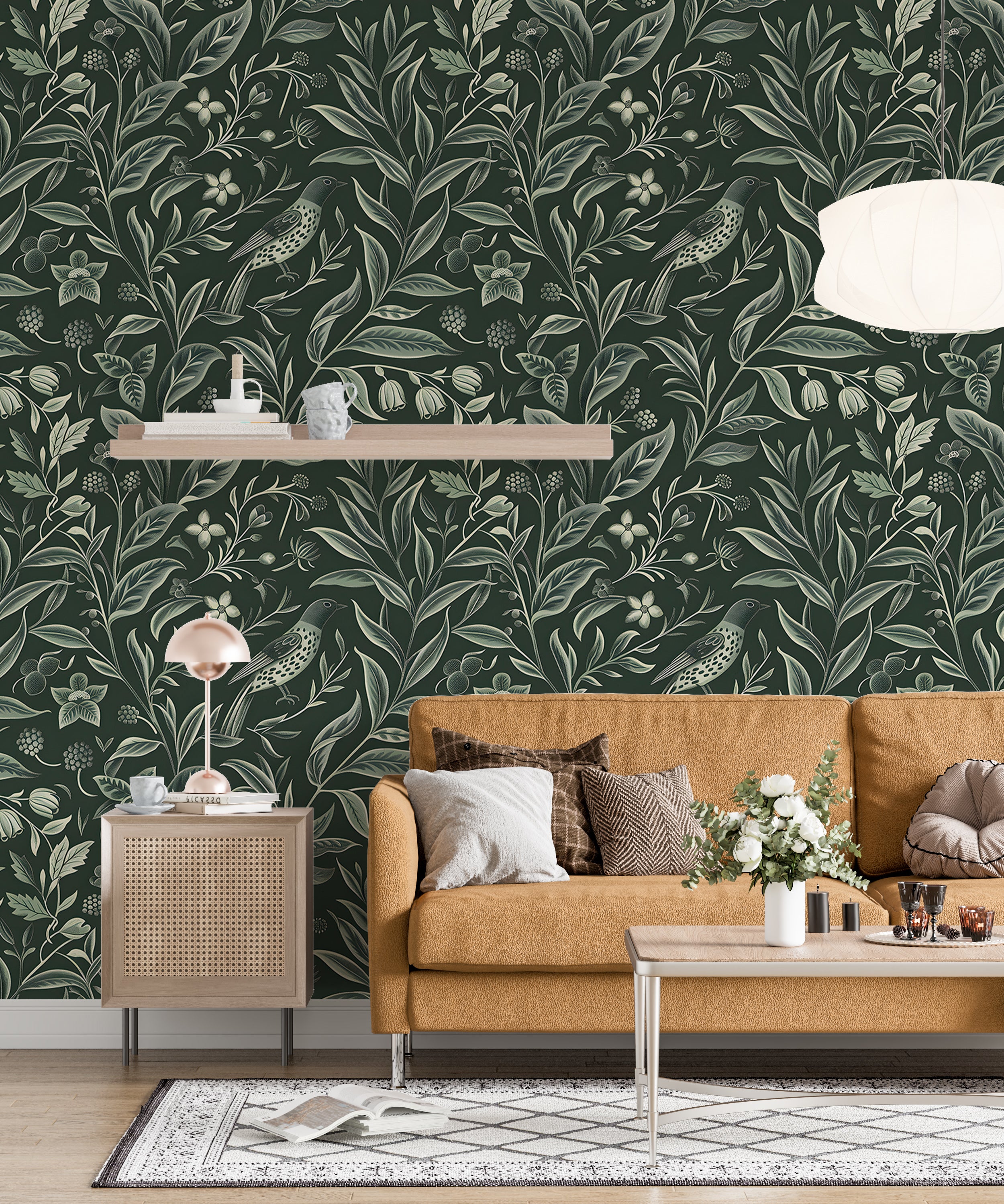 Vintage Green Floral Wallpaper, Dark Green Botanical Classic Wall Decal, Peel and Stick Chinoiserie Wallpaper, Removable Bird and Leaves Pattern