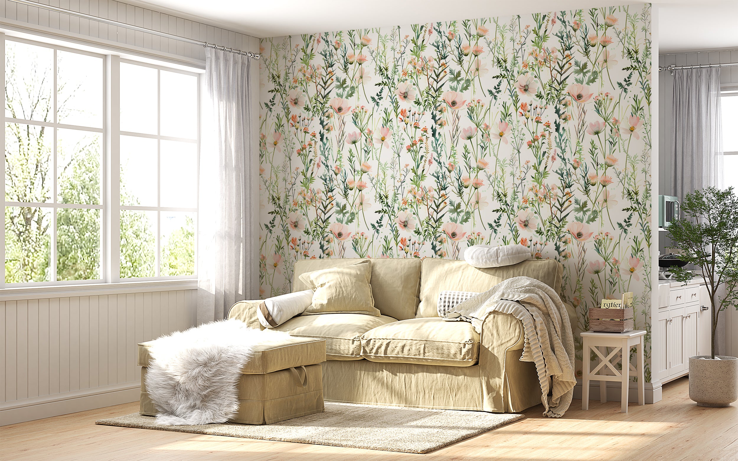 Wild Floral Wallpaper, Pastel Pink and Green Botanical Pattern, Watercolor Meadow Flowers Decal, Peel and Stick Minimalistic Light Floral Decor