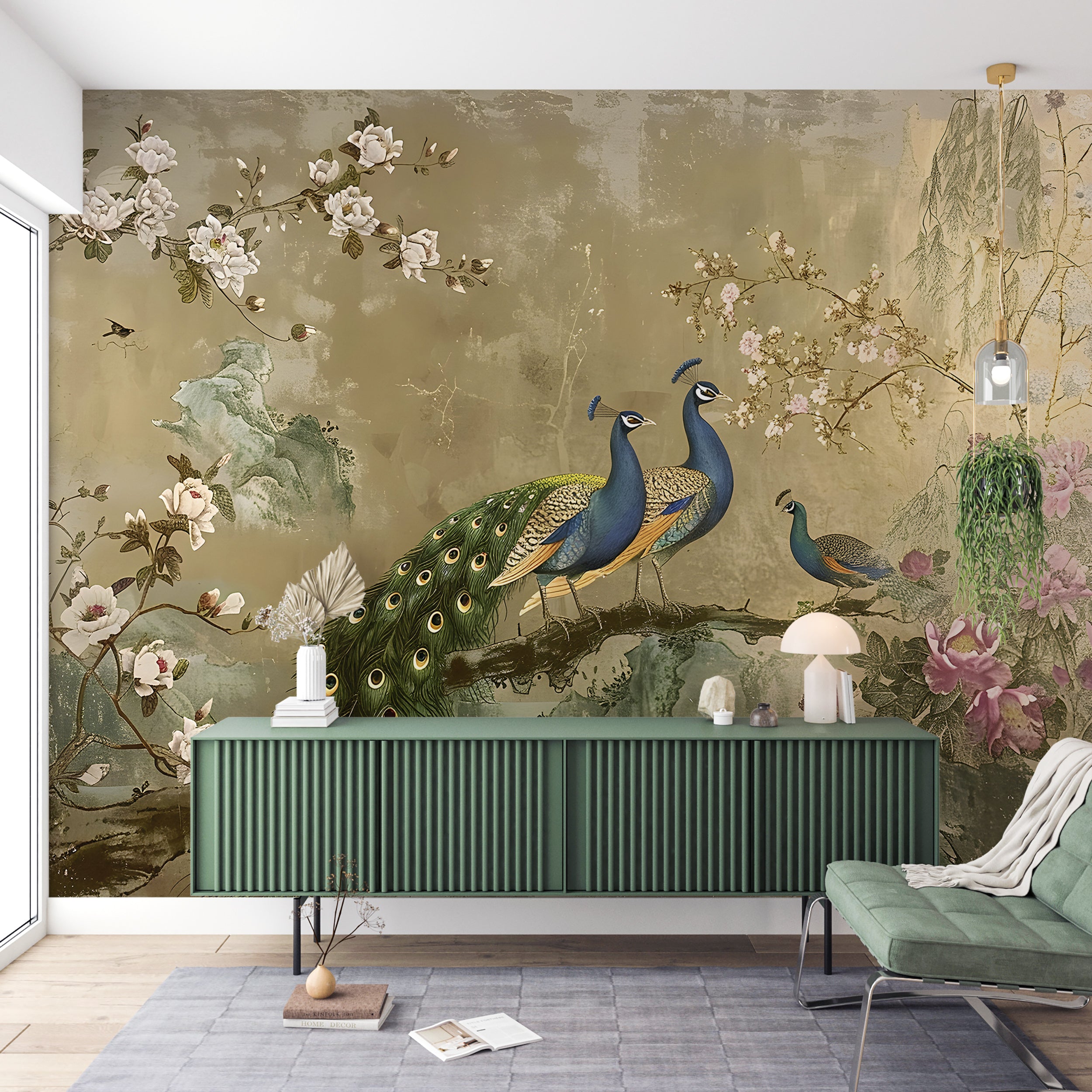 Chinoiserie Wallpaper, Colorful Peacock Wall Mural, Removable Vintage Golden Floral Wallpaper, Peel and Stick Classic Mural With Flowers and Birds