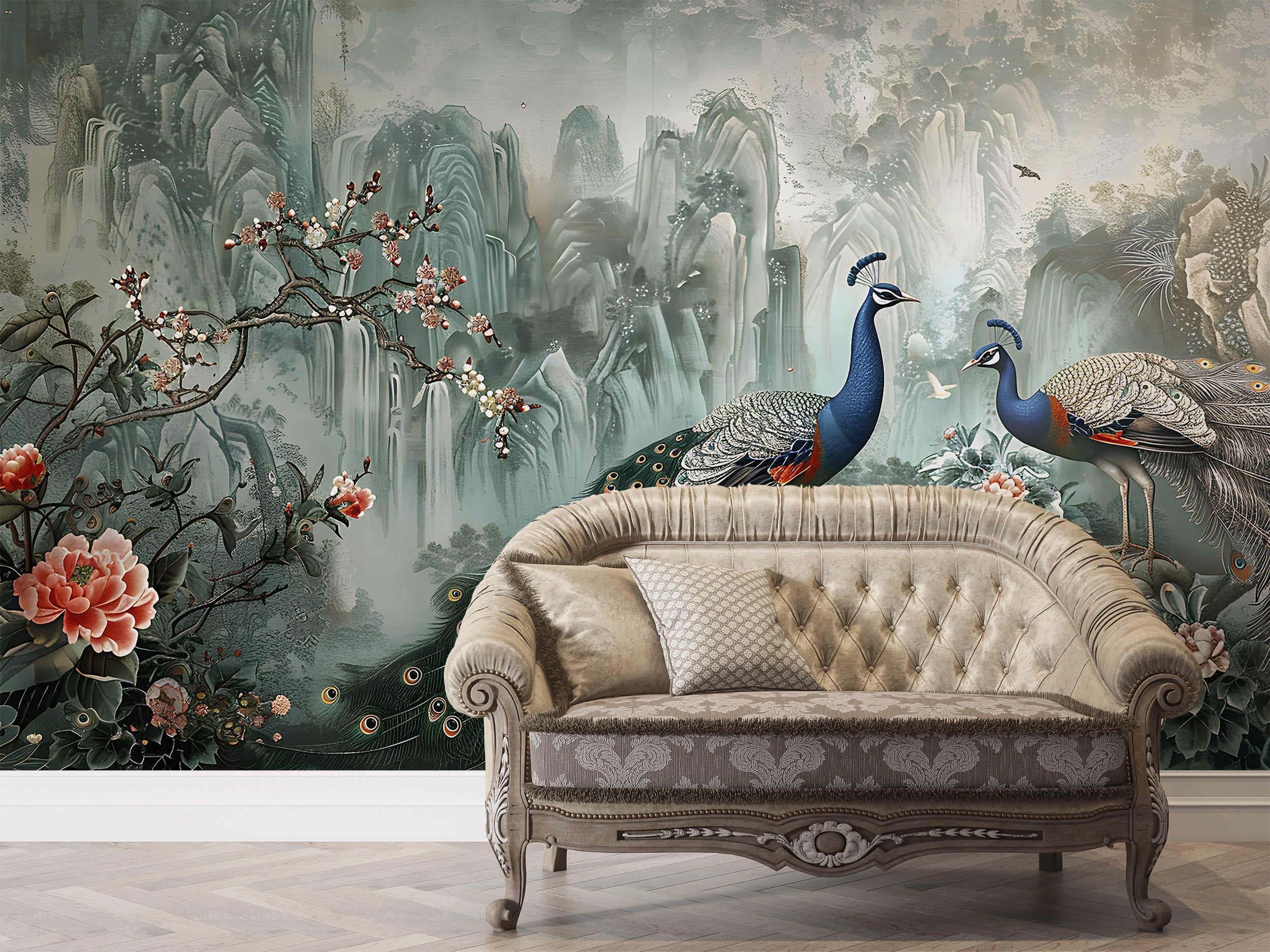 Green Chinoiserie Wallpaper, Peacock Wall Mural, Peel and Stick Abstract Chinese Art, Removable Vintage Decor with Birds and Flowers