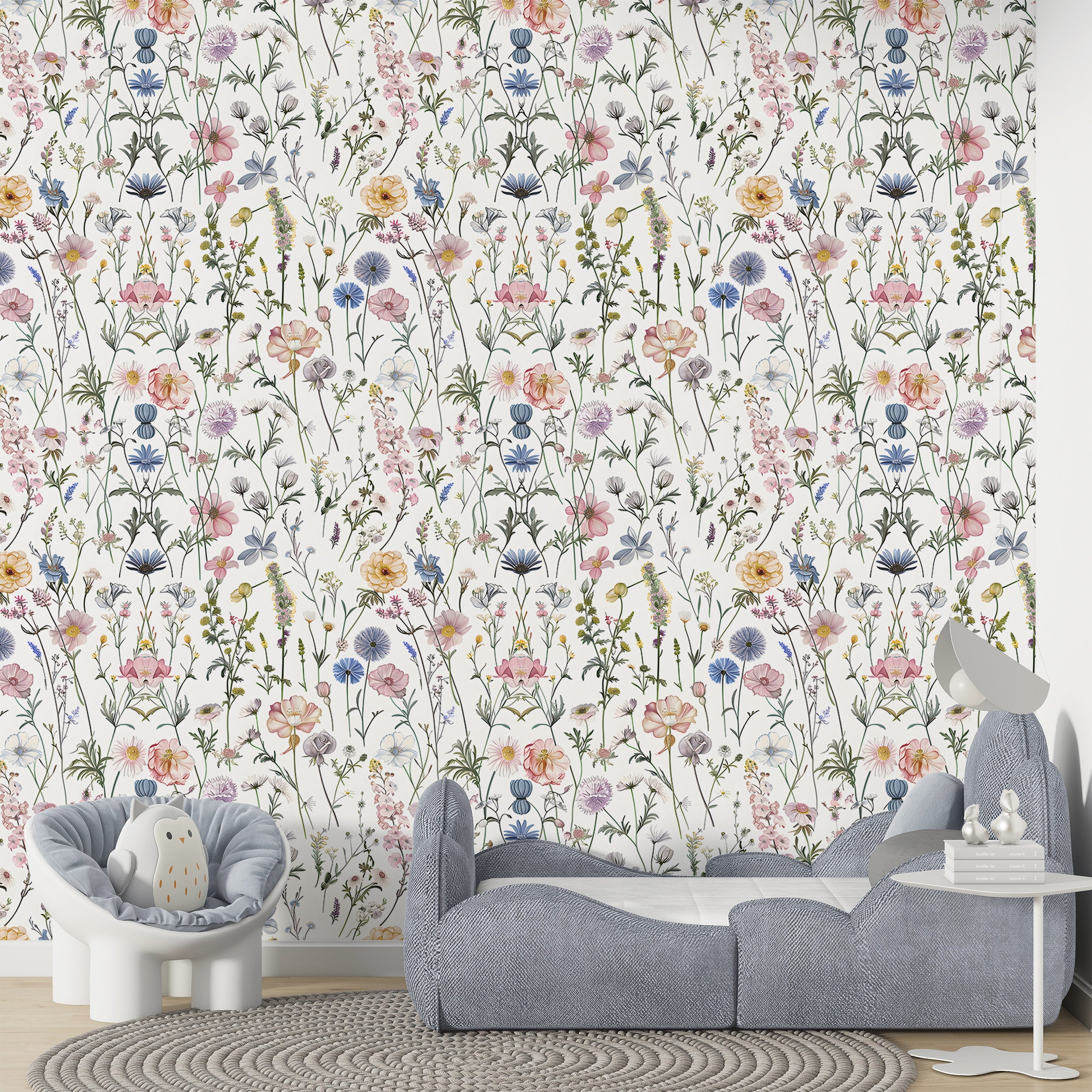 Delicate Flowers in Pastel Colors Wallpaper, Peel and Stick Light Floral Wall Decal, Wild Meadow Flower Pattern Wallpaper, Removable PVC-free