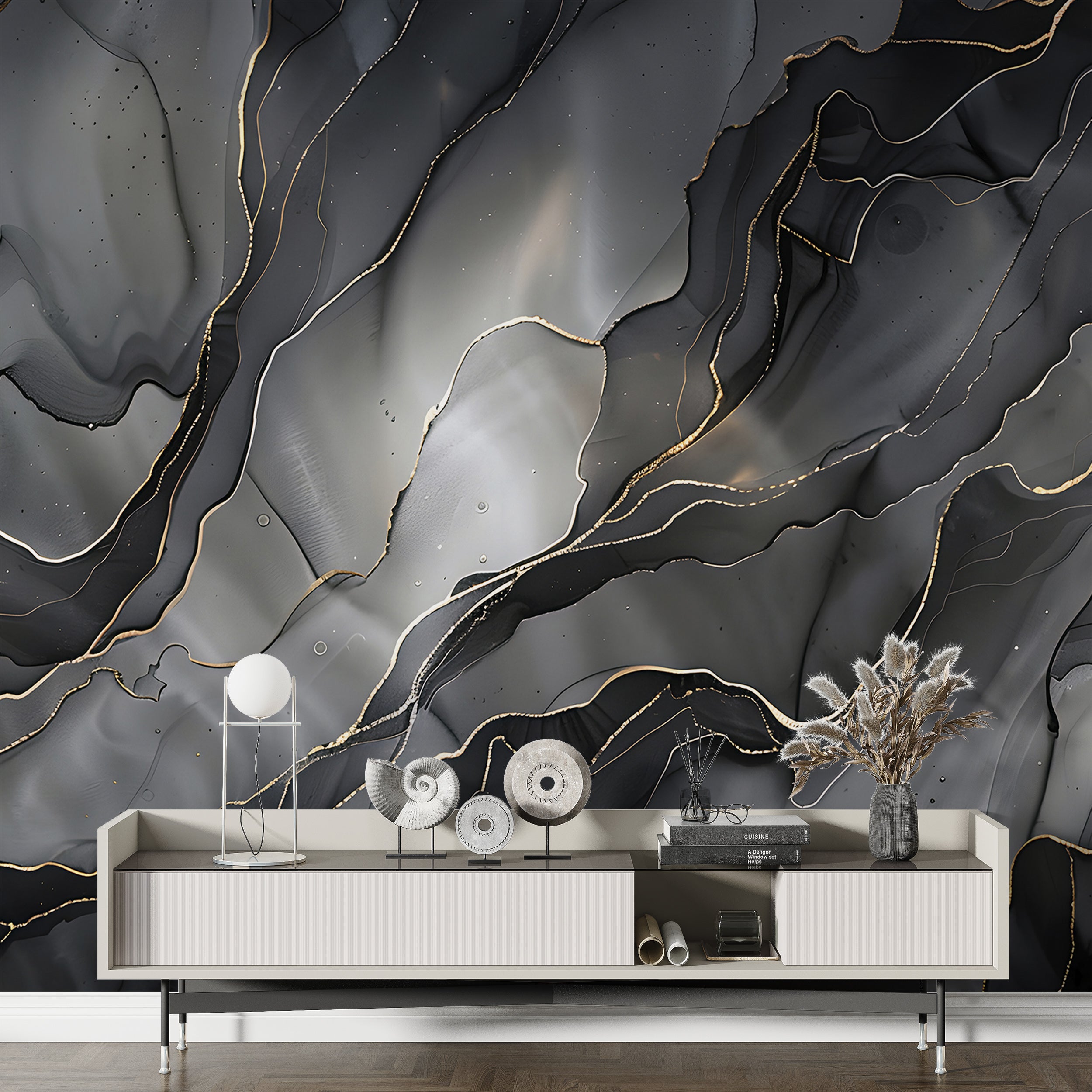 Black Alcohol Ink Wall Mural, Peel and Stick Abstract Dark Wallpaper, Removable Dark Modern Wall Art