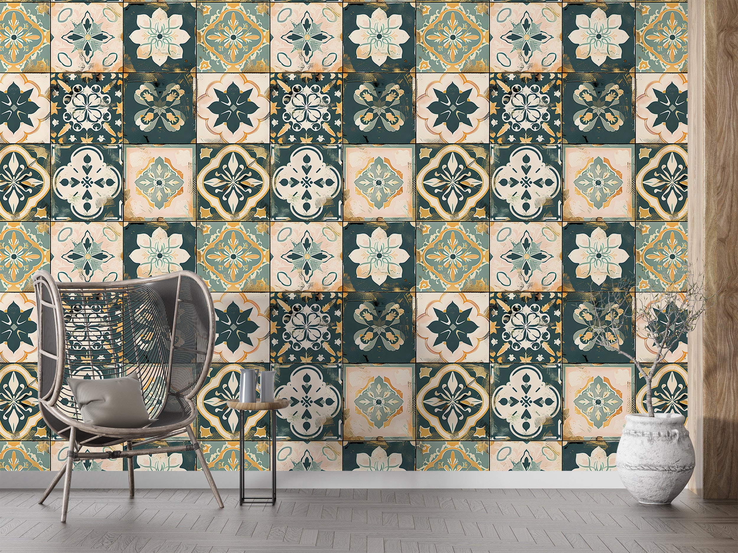 Patchwork Tiles Wallpaper, Peel and Stick Moroccan Wall Decal, Removable Floral Tile Style Wallpaper, Rustic Colors Vintage Wall Decor