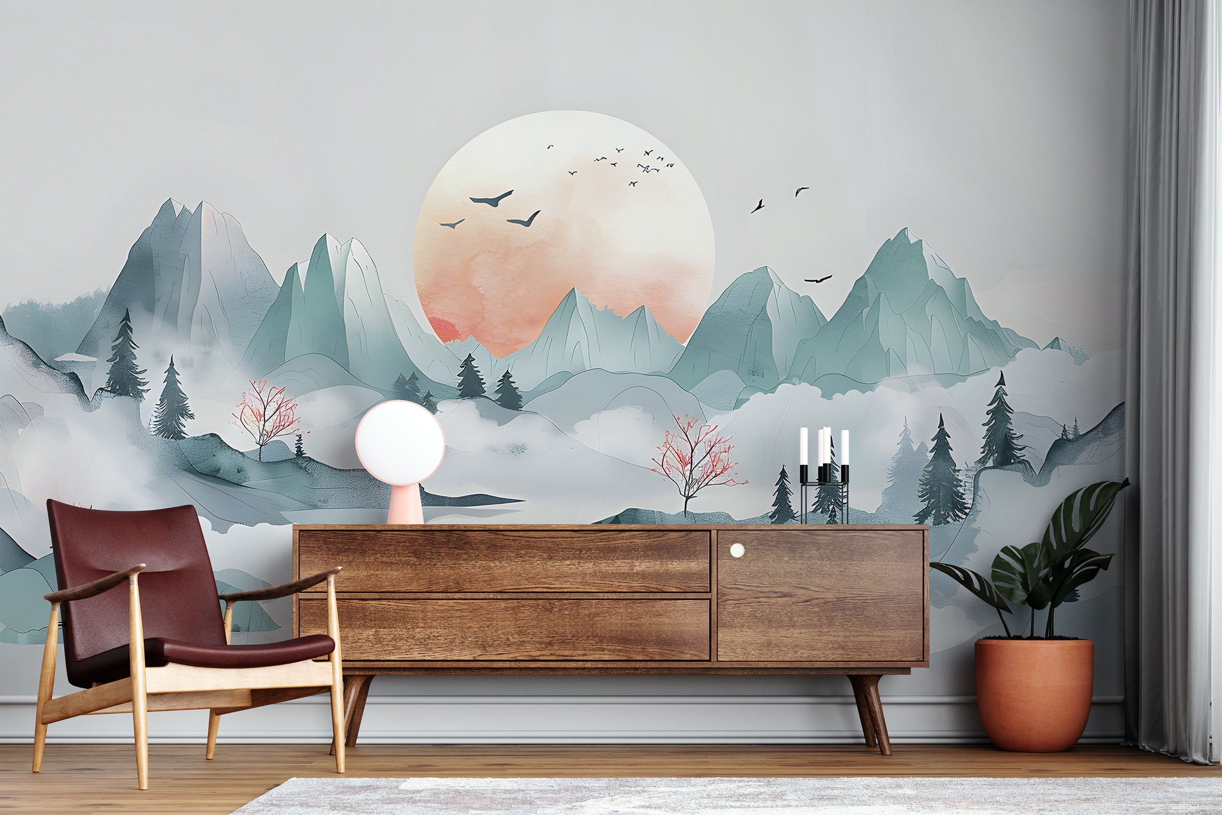 Japanese Abstract Landscape Mural, Peel and Stick Pastel Green Mountains Wallpaper, Foggy Mountain Sunset Watercolor Wall Mural