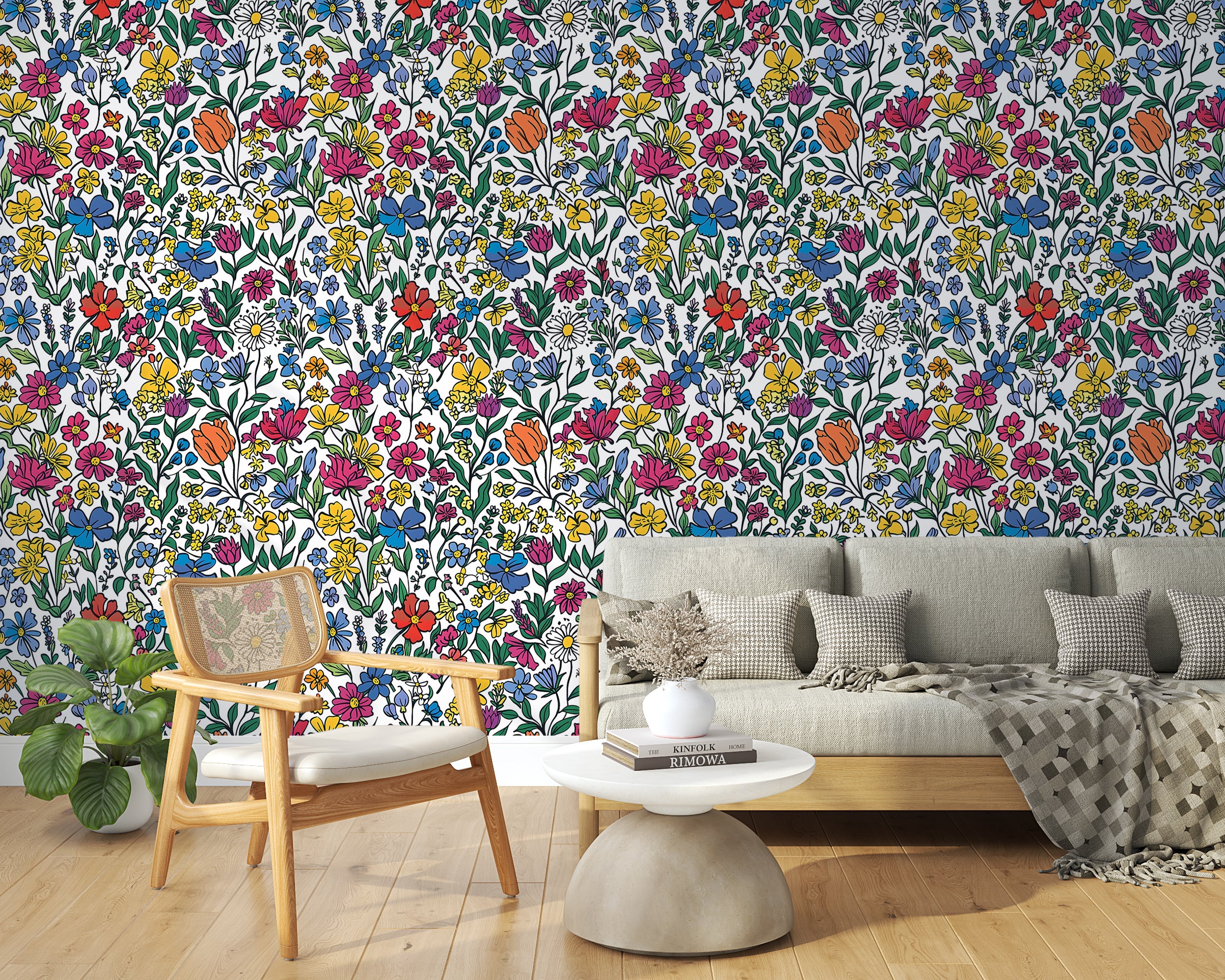 Colorful Floral Wallpaper, Watercolor Peel and Stick Meadow Flowers Wall Decal, Removable Cartoon Style Wild Flower Pattern Wallpaper