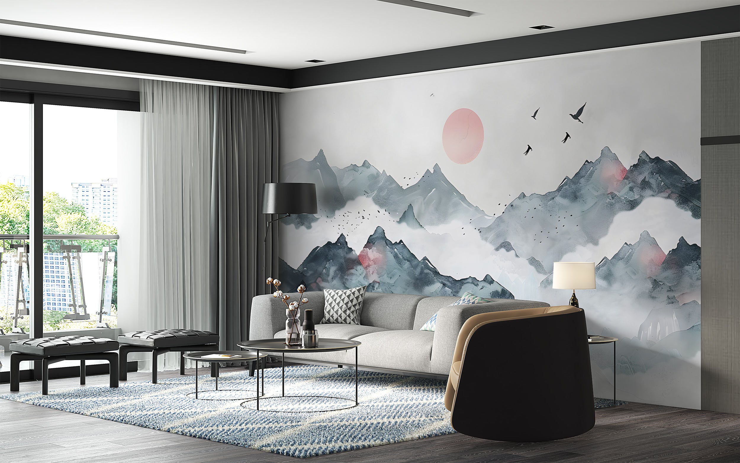 Abstract Mountains Sunset Mural, Watercolor Japanese Landscape Wallpaper, Peel and Stick Removable Green Foggy Mountain Wall Decal
