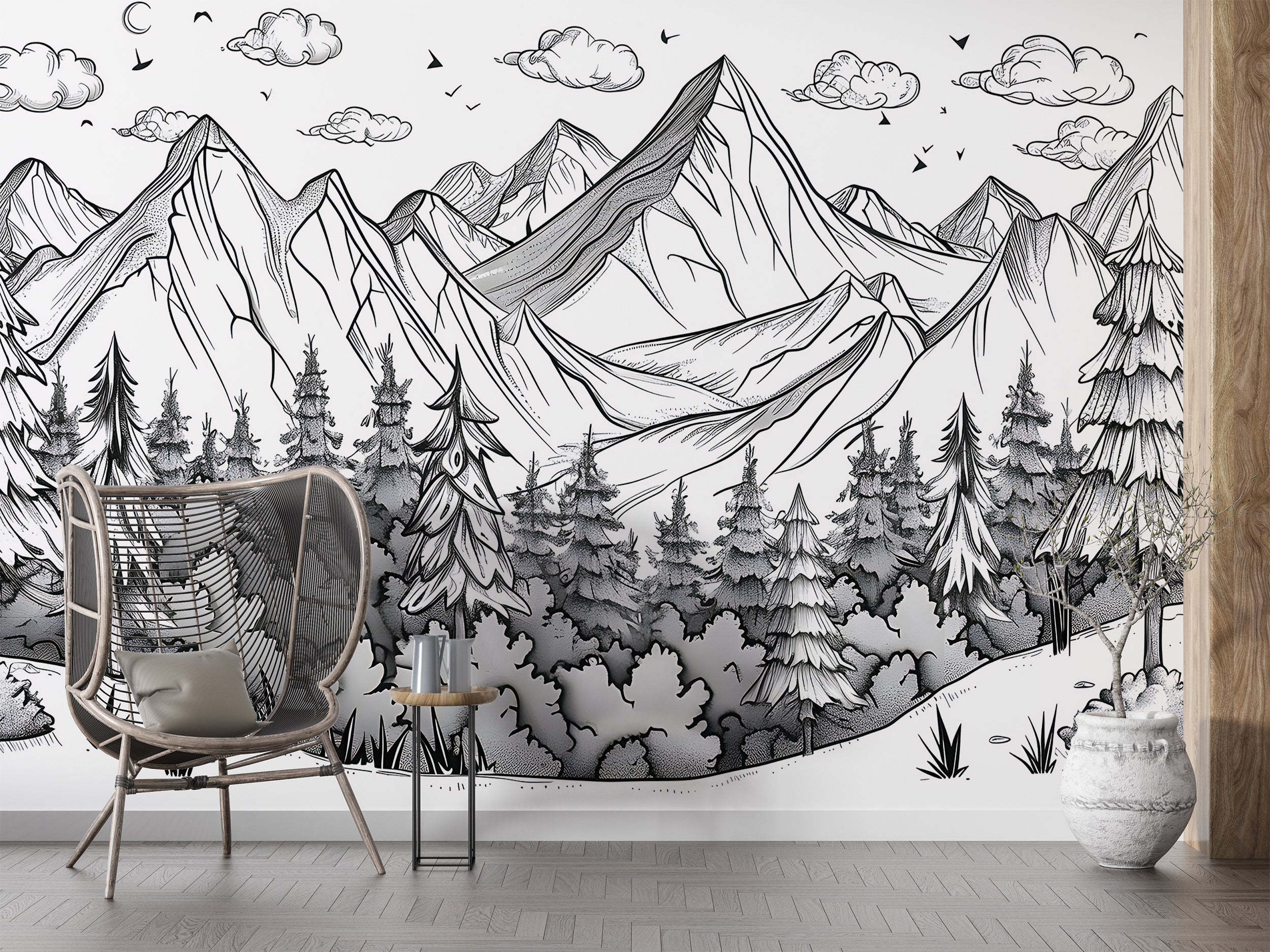 Mountains and Forest in Doodling Style Mural, Peel and Stick Nature Landscape Sketch Wallpaper, Black&White Cartoon Landscape Decor