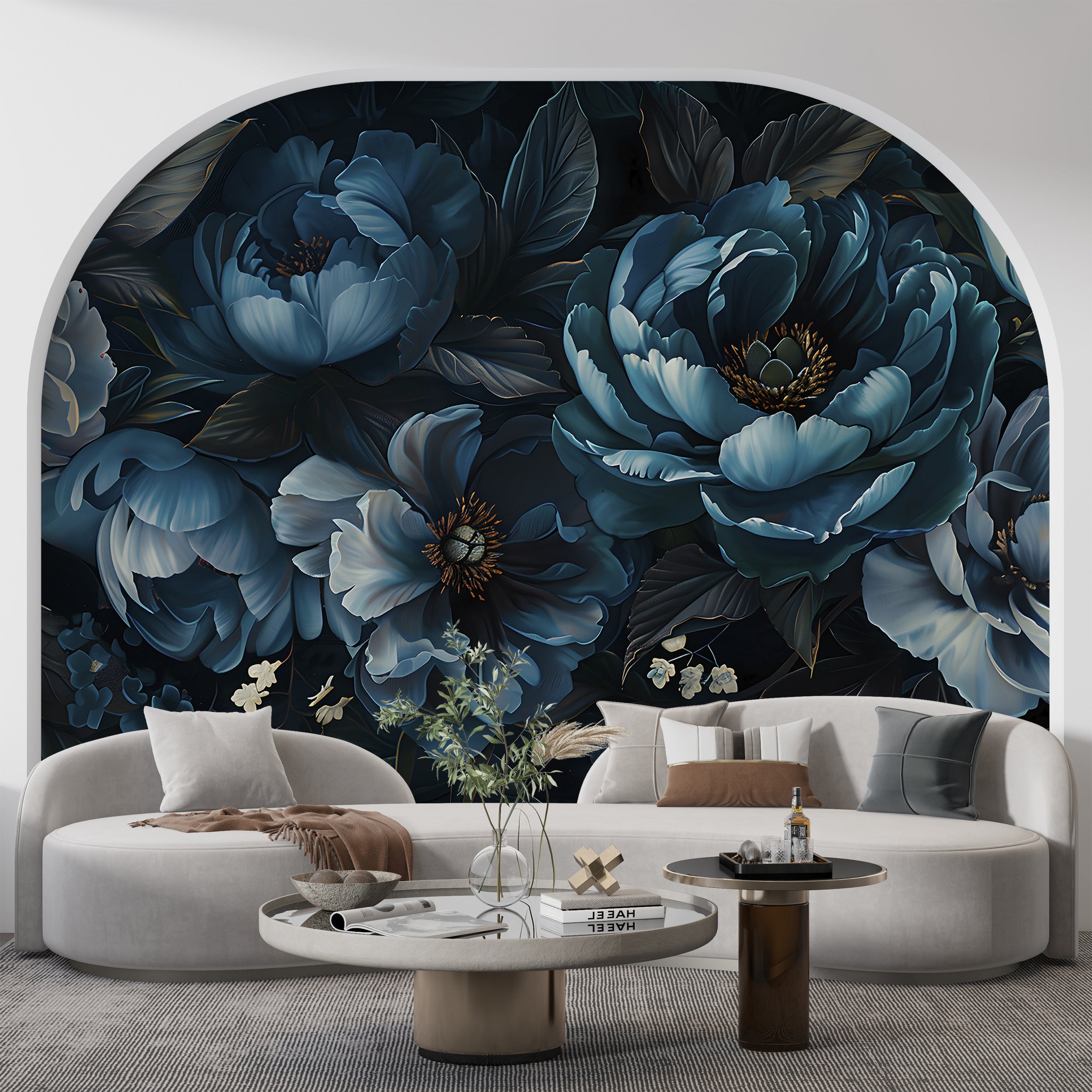 Dark Blue Peonies Mural, Peel and Stick Large Flowers Wallpaper, Removable Deep Blue Floral Wall Decal, Peony Accent Wall Art, PVC free Decor