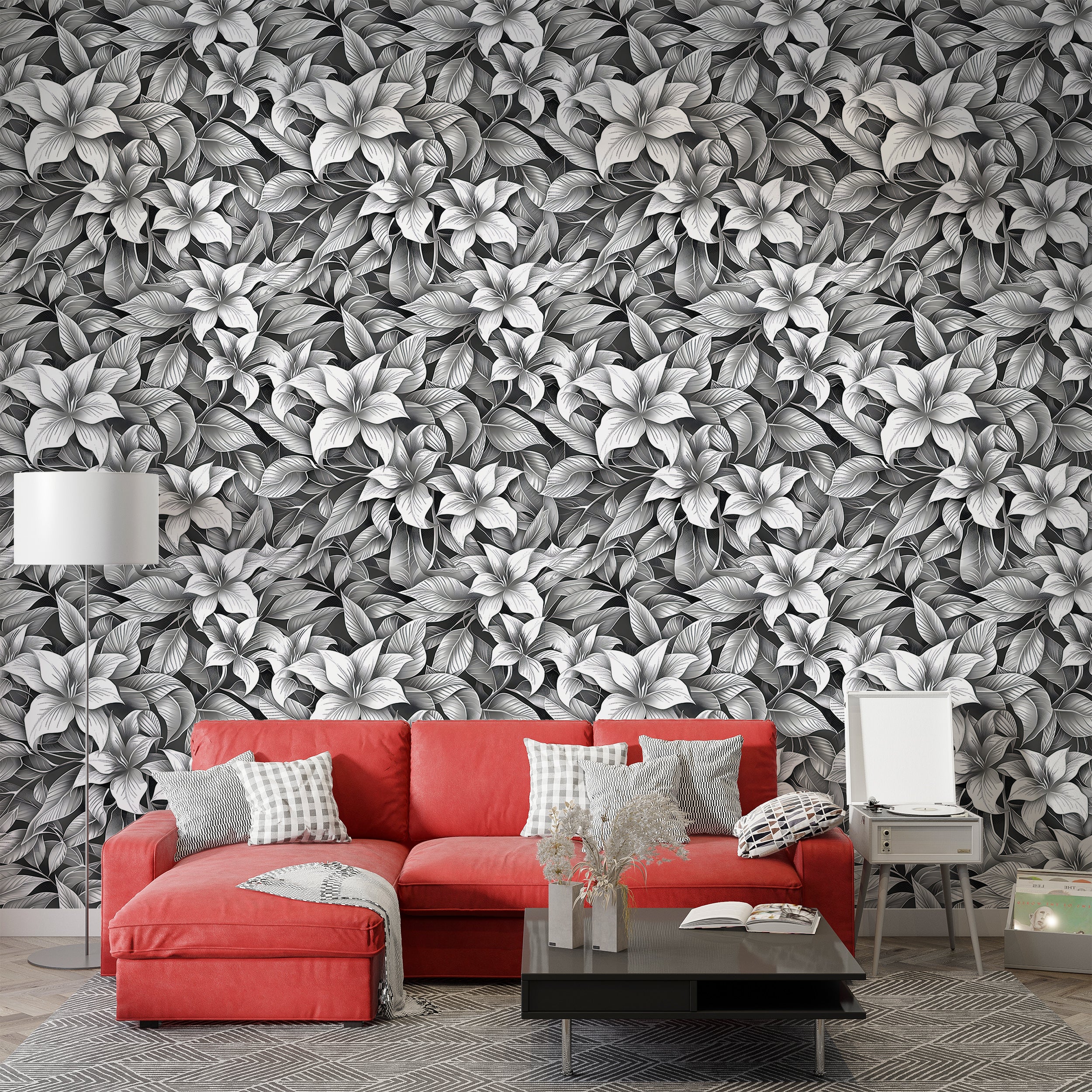 Stippling Style Floral Wallpaper, Peel and Stick Monochrome Flowers Decal, Black and White Floral Wallpaper, Removable Flower Pattern