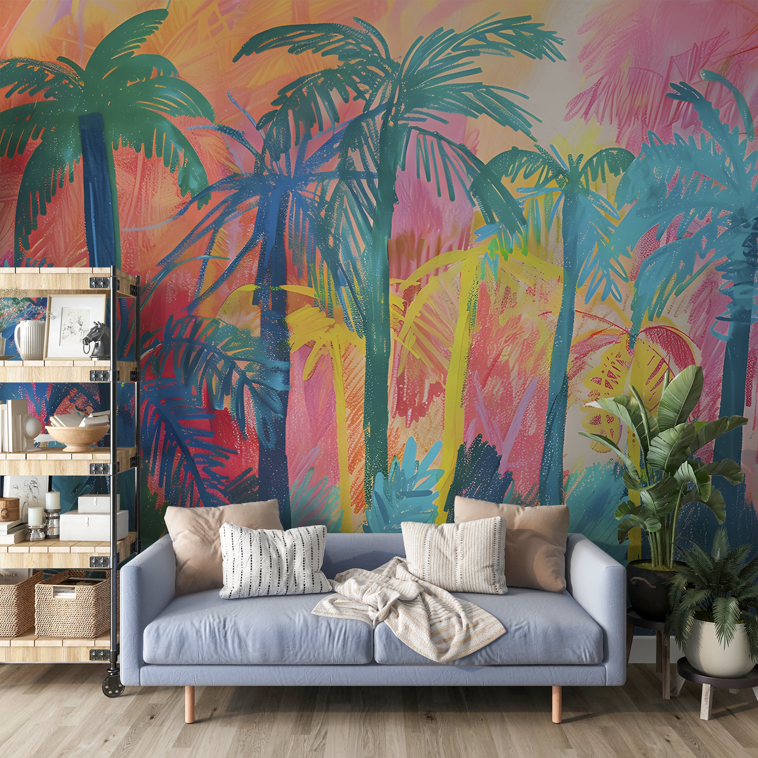 Colorful Palm Trees in Crayon Drawing Style Mural, Peel and Stick Tropical Wallpaper, PVC-free Abstract Palms Wall Mural, Nursery Decal