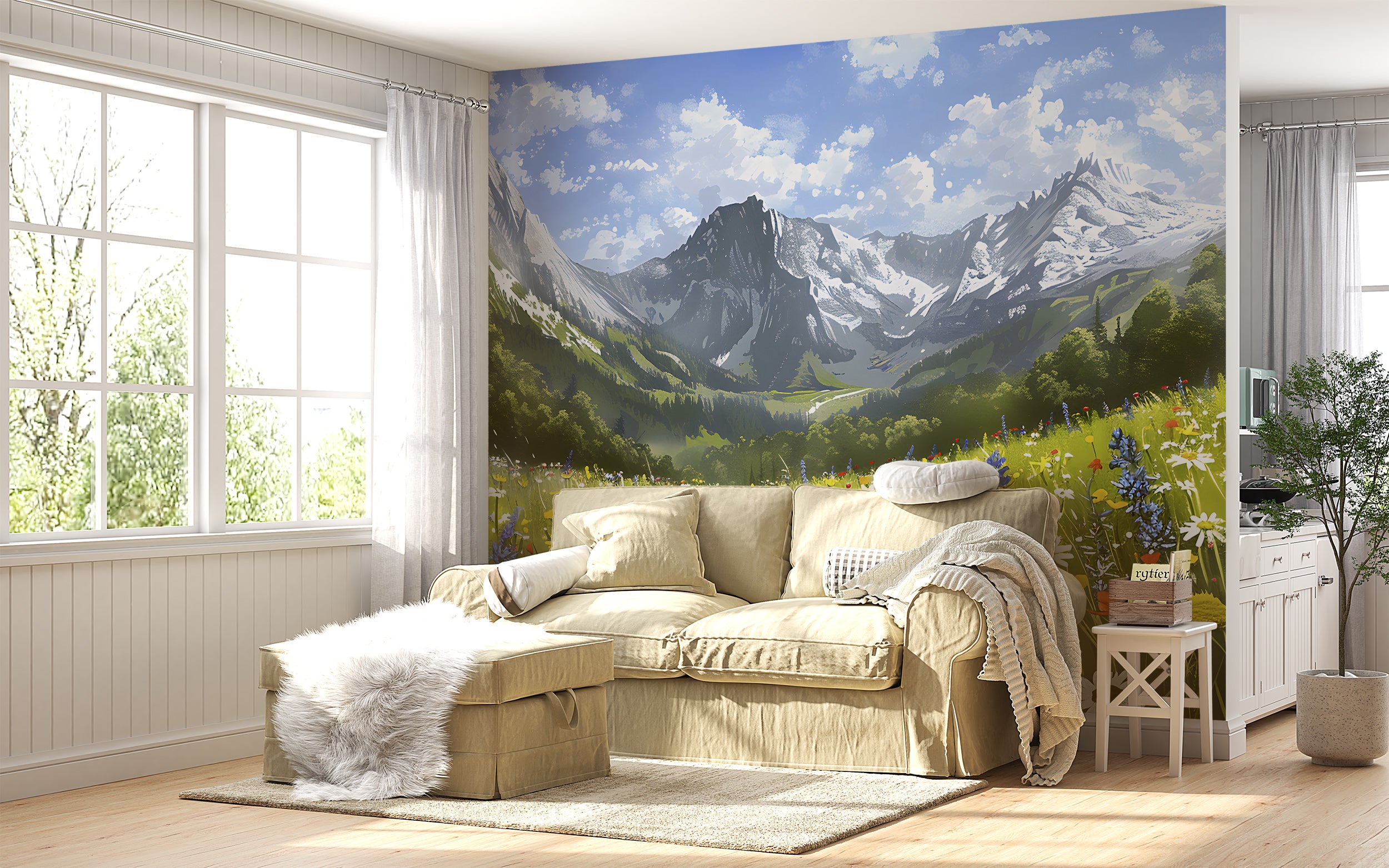 Colorful Flower Field Mural, Peel and Stick Mountain Wild Flower Field Wallpaper, Removable Nature Mural, Watercolor Floral Landscape Wall Decal