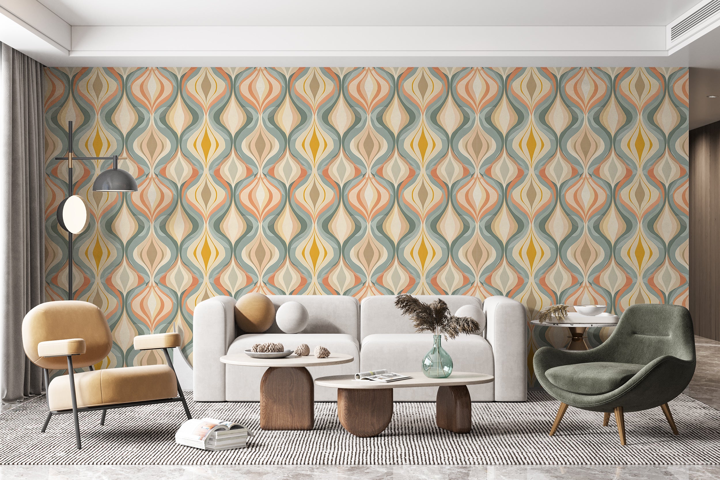 Abstract Wavy Pattern Wallpaper in Pastel Colors, Peel and Stick Geometrical Wallpaper, Removable PVC free Nursery Wall Decal