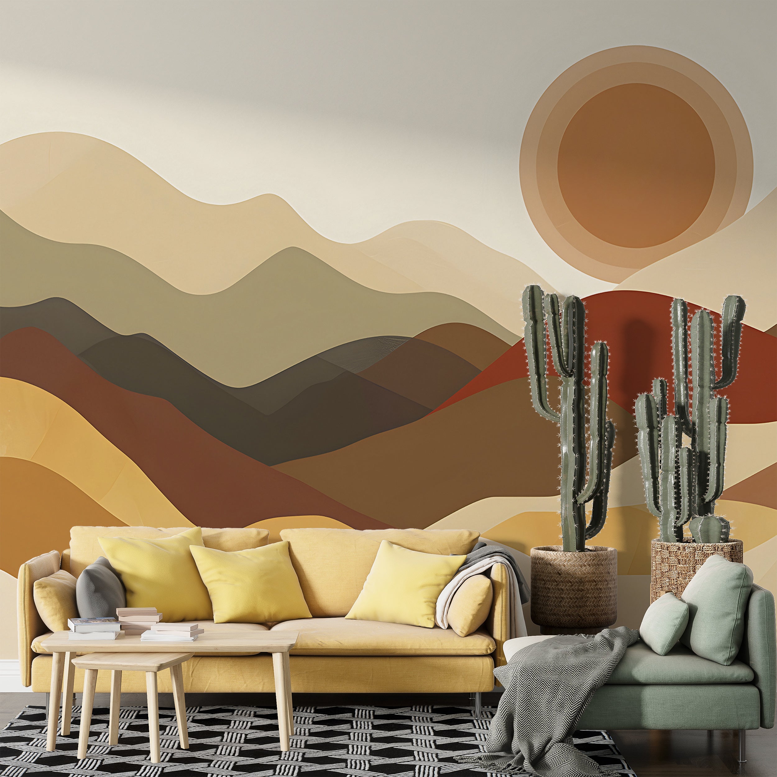Boho Style Mountains Sunset Mural, Beige and Brown Watercolor Mountain Landscape, Nursery Peel and Stick Abstract Sand Dunes