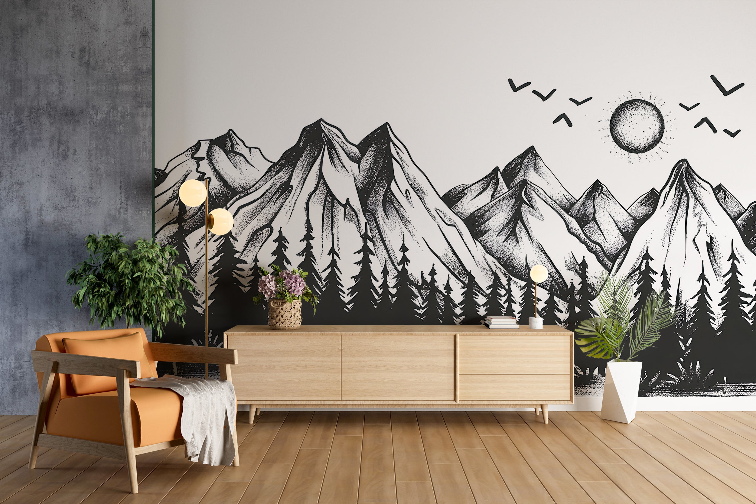 Mountains and Forest in Doodling Style Mural, Black and White Wild Nature Landscape Wallpaper, Peel and Stick Birds Sun Mountains Art