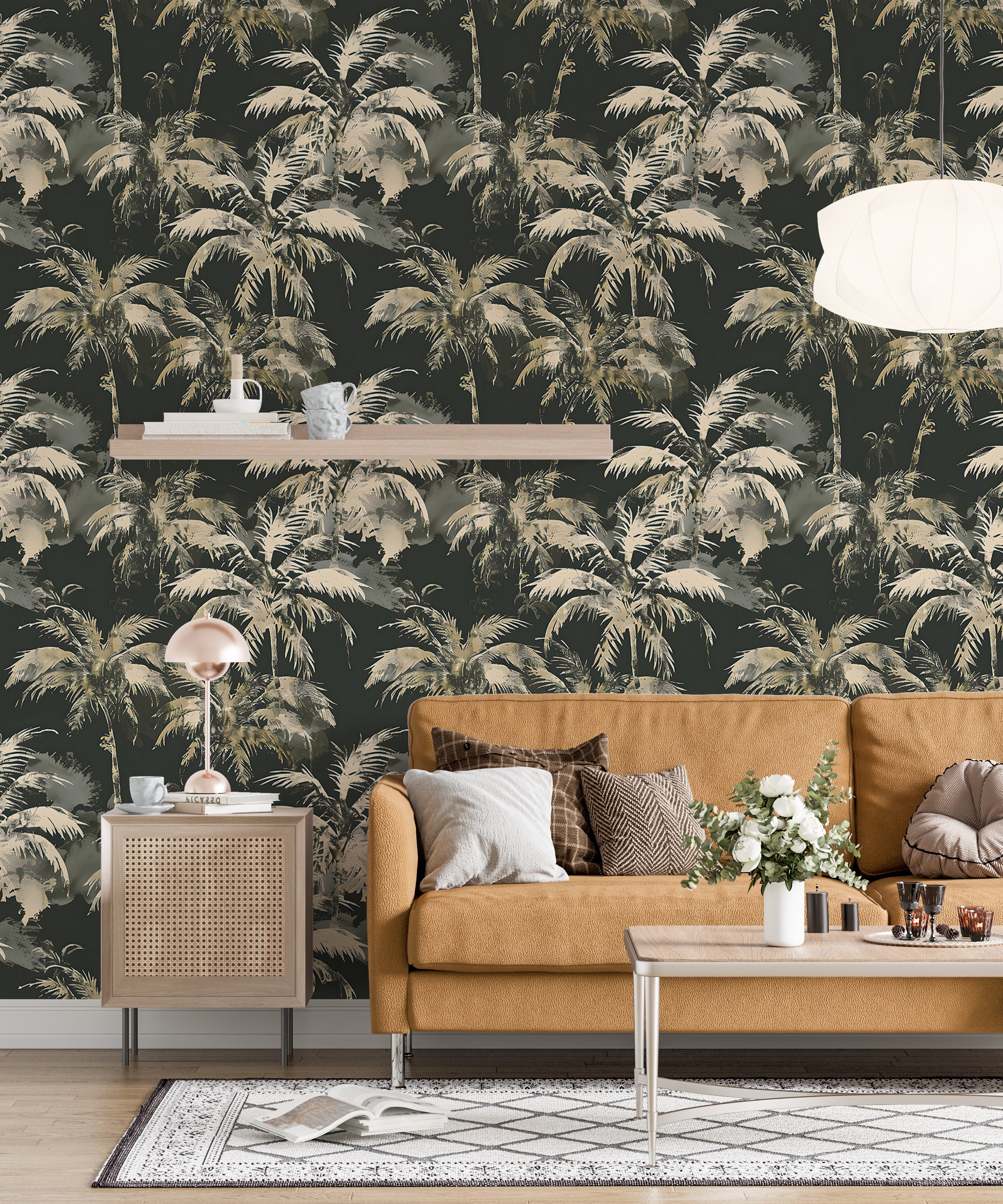 Palm Leaves Dark Wallpaper, Green and Beige Tropical Wall Decal, Peel and Stick Palm Tree Wallpaper, Removable Coastal Botanical Decor
