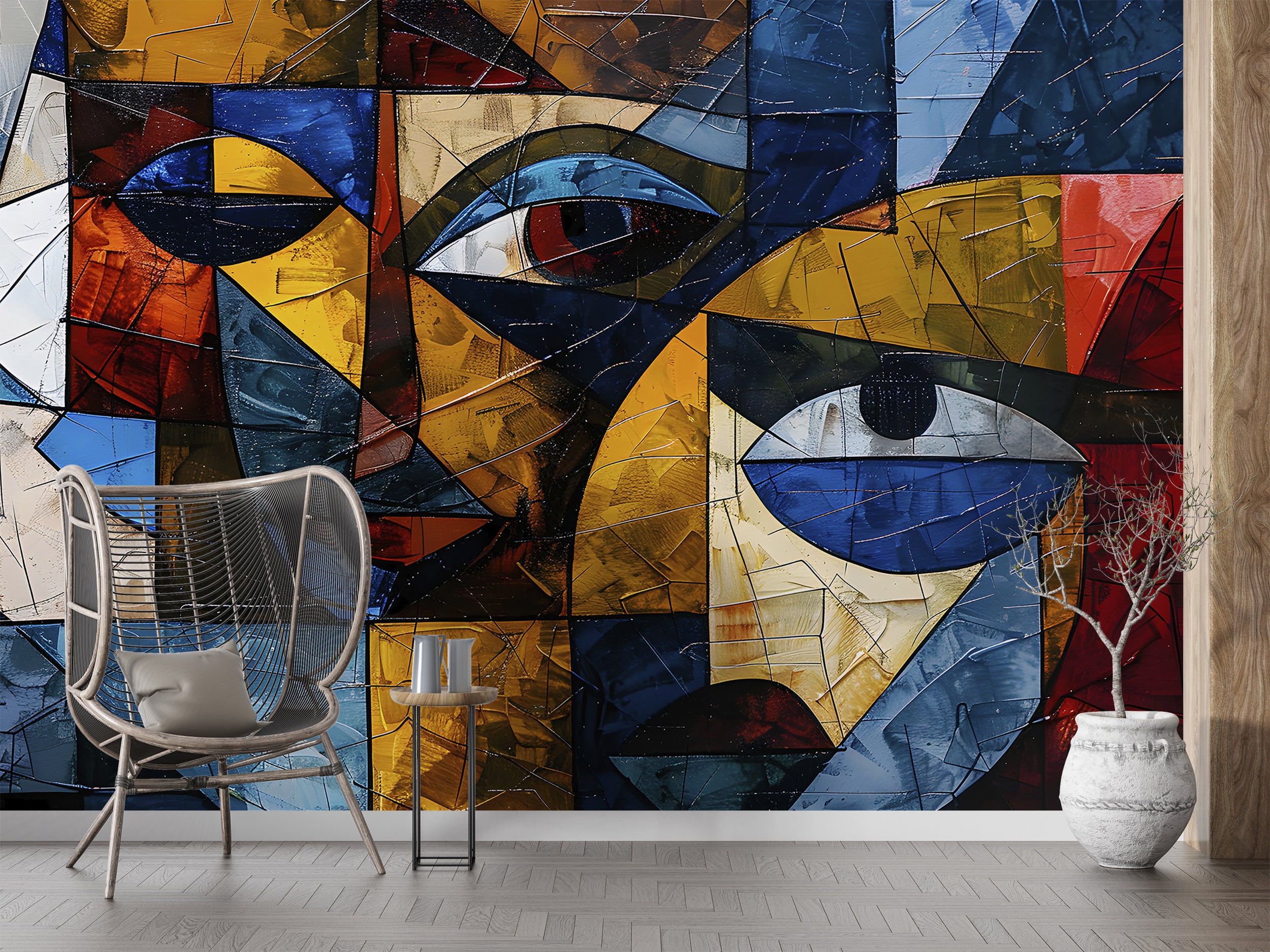 Abstract Mural in Cubism Style, Peel and Stick Colorful Modern Wallpaper, Removable Abstract Faces Wall Decal, Accent Wall Art