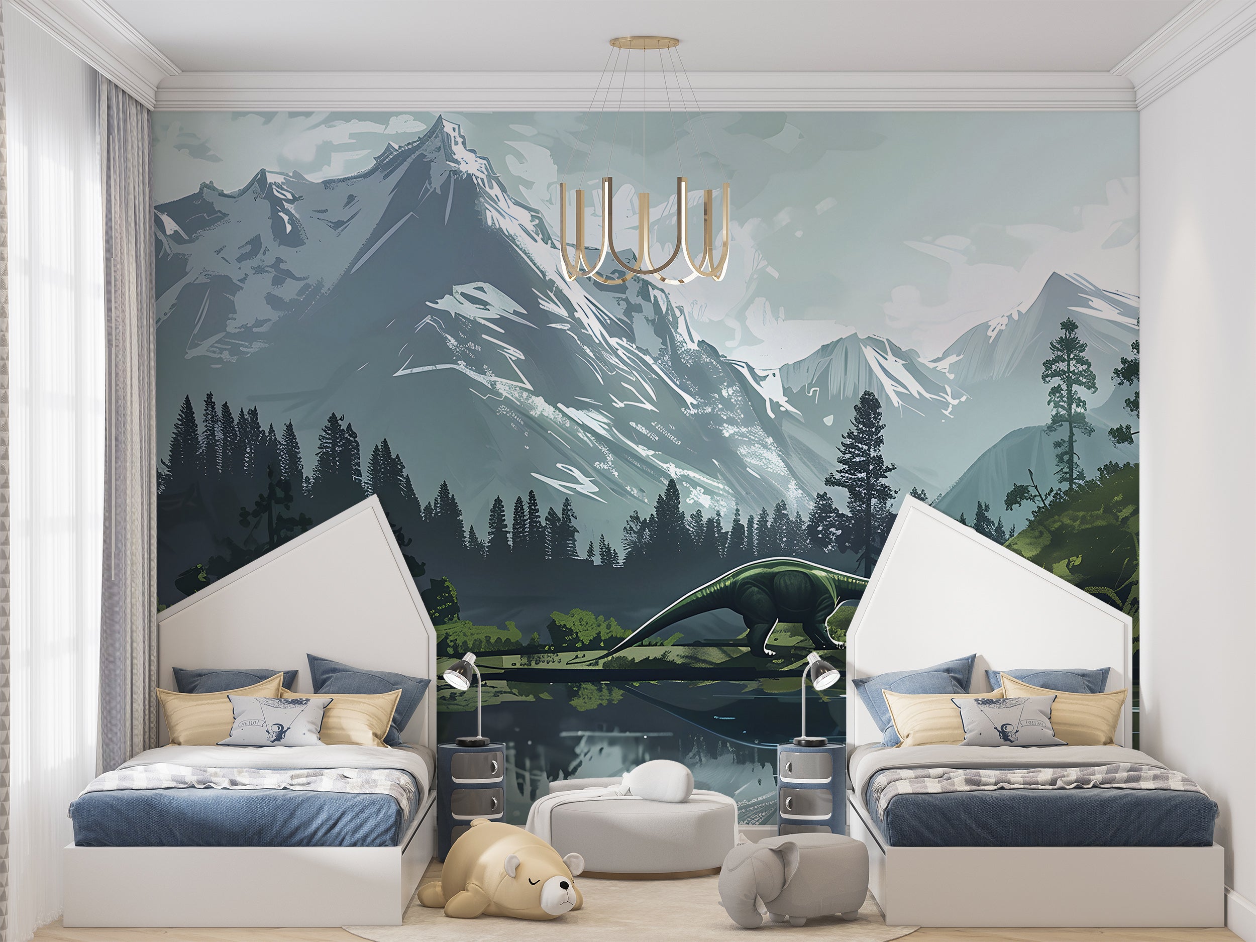 Watercolor Mountains and Forest Mural, Dinosaur Wall Mural, Nursery Peel and Stick Wild Nature Landscape, Removable Decal