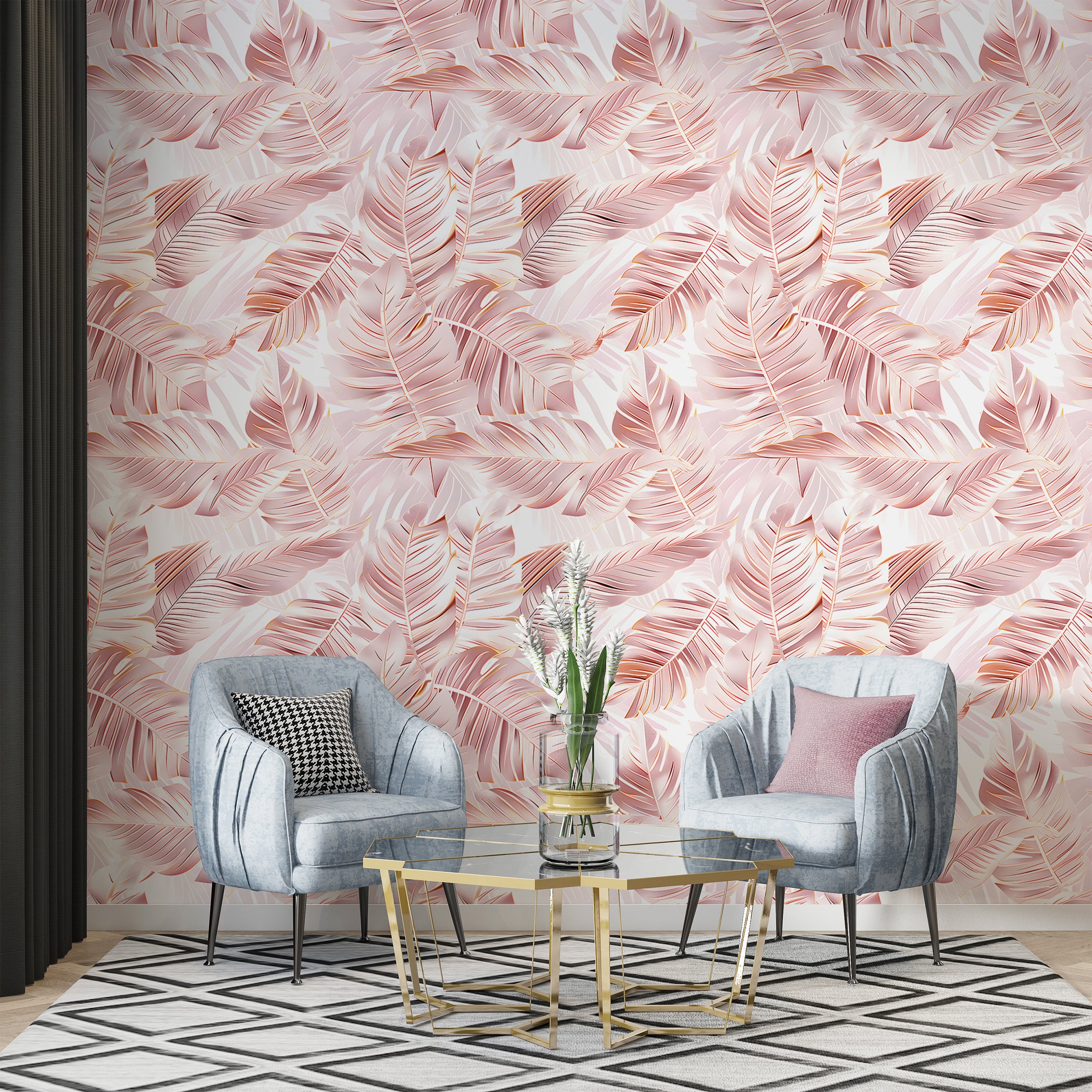 Palm Leaves in Gold Rose Colour Wallpaper, Peel and Stick Pink Tropical Decal, Removable Coastal Botanical Wallpaper, Soft Pink Palm Tree Leaf Pattern