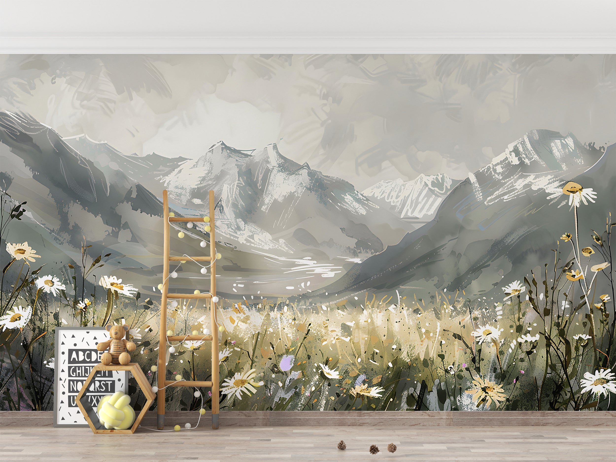 Watercolor Mountain Field Mural, Meadow Flowers in Natural Colors Wallpaper, Peel and Stick Wild Nature Landscape Mural, Grey Mountains Decal