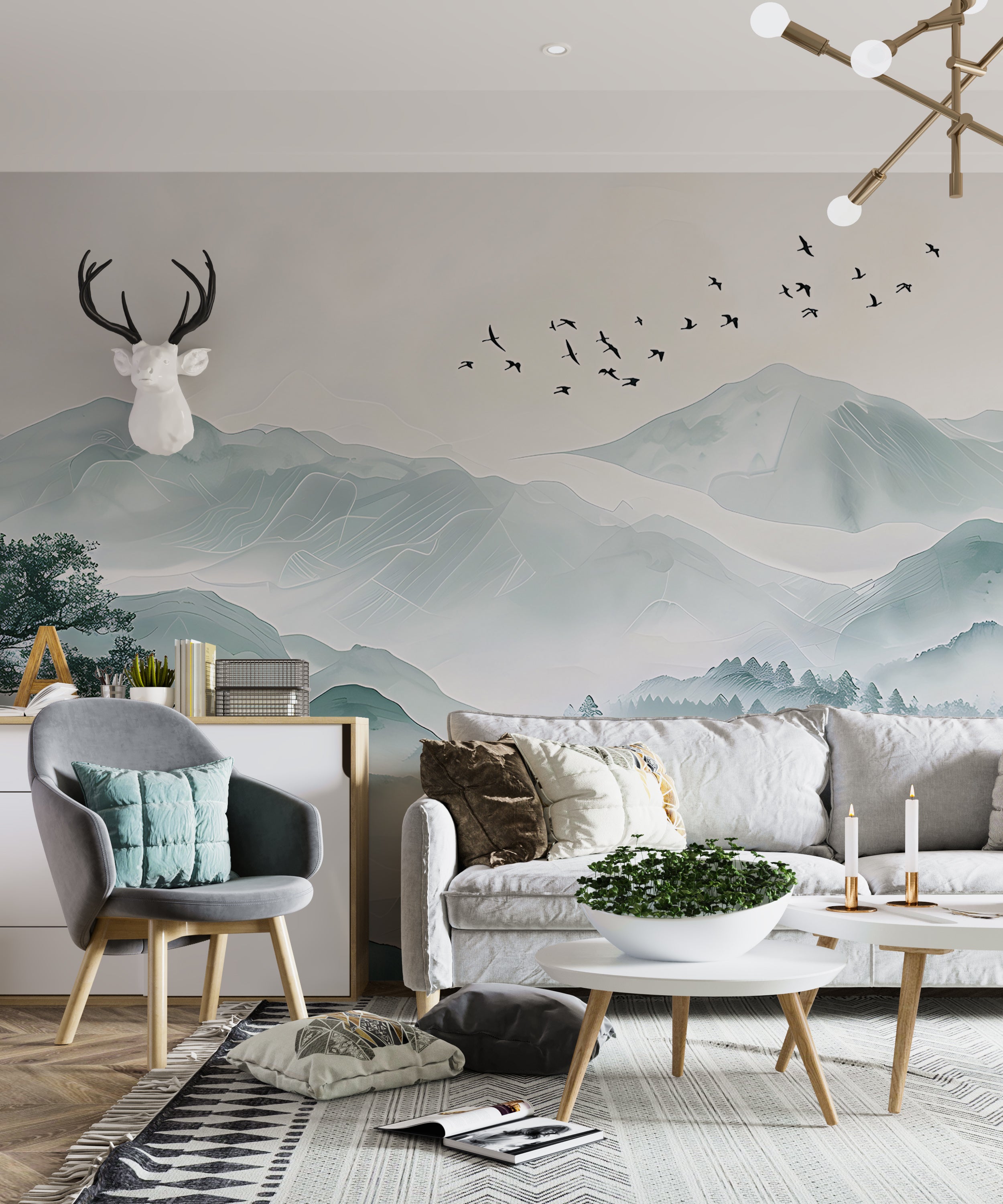 Bird Swallow and Mountains Mural, Peel and Stick Soft Green Misty Mountain Landscape Wallpaper, Abstract Foggy Nature Wall Decal